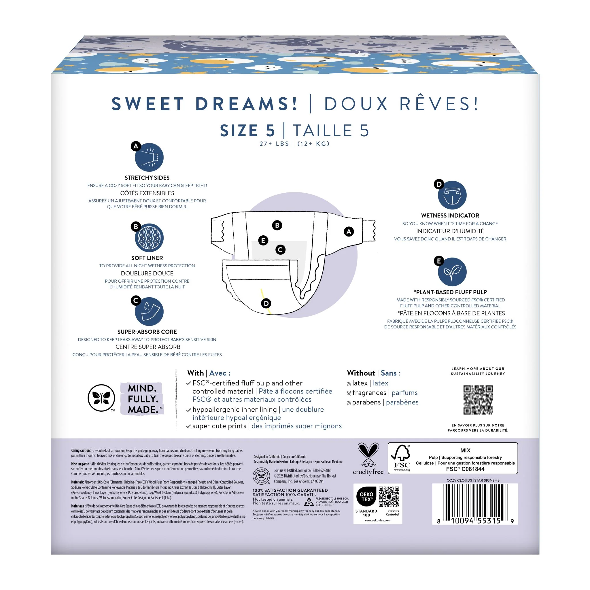 Honest Club Box Overnight Diapers, Size 5, Cozy Cloud + Star Signs 40 ct