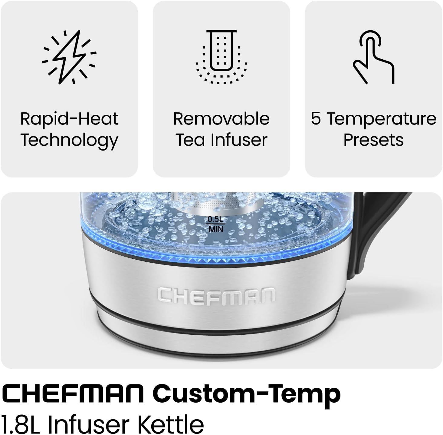 Chefman Electric Kettle with Temperature Control, 5 Presets LED Indicator Lights, Removable Tea Infuser, Glass Tea Kettle & Hot Water Boiler, 360° Swivel Base, BPA Free, Stainless Steel, 1.8 Liters