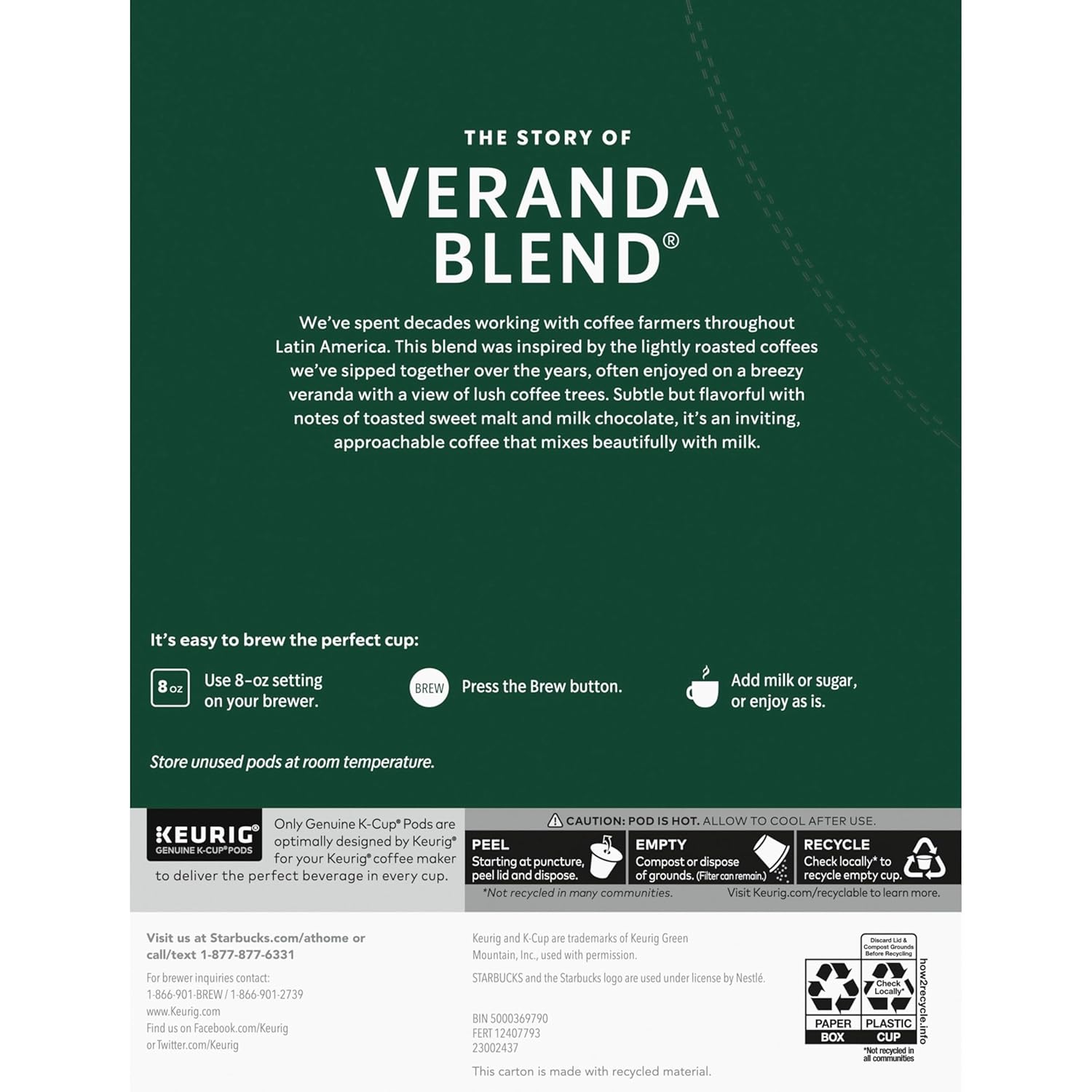 Starbucks K-Cup Coffee Pods, Starbucks Blonde Roast Coffee, Veranda Blend for Keurig Brewers, 100% Arabica, 6 boxes (60 pods total)