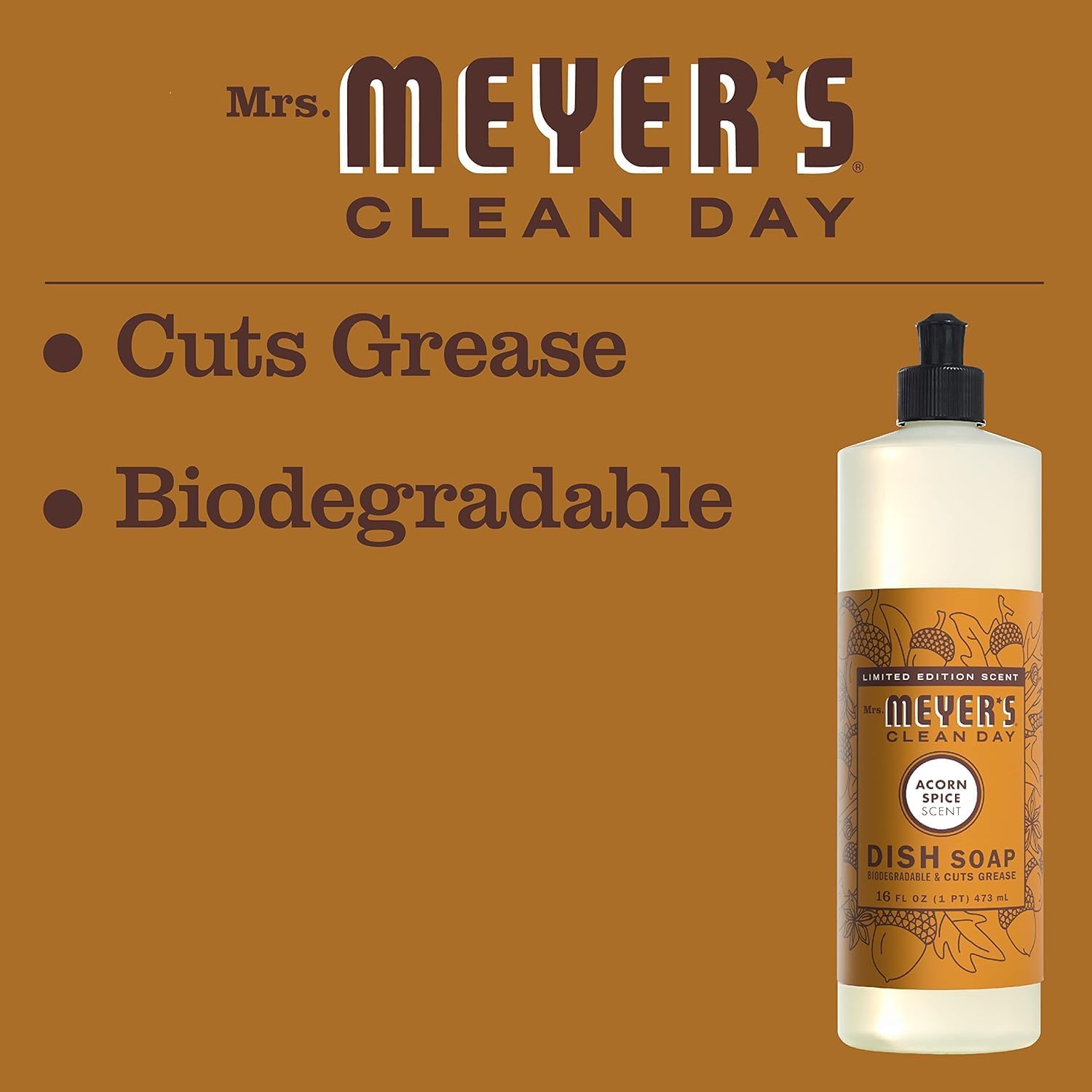 MRS. MEYER'S CLEAN DAY Liquid Dish Soap, Biodegradable Formula, Basil, 16 fl. oz - Pack of 3