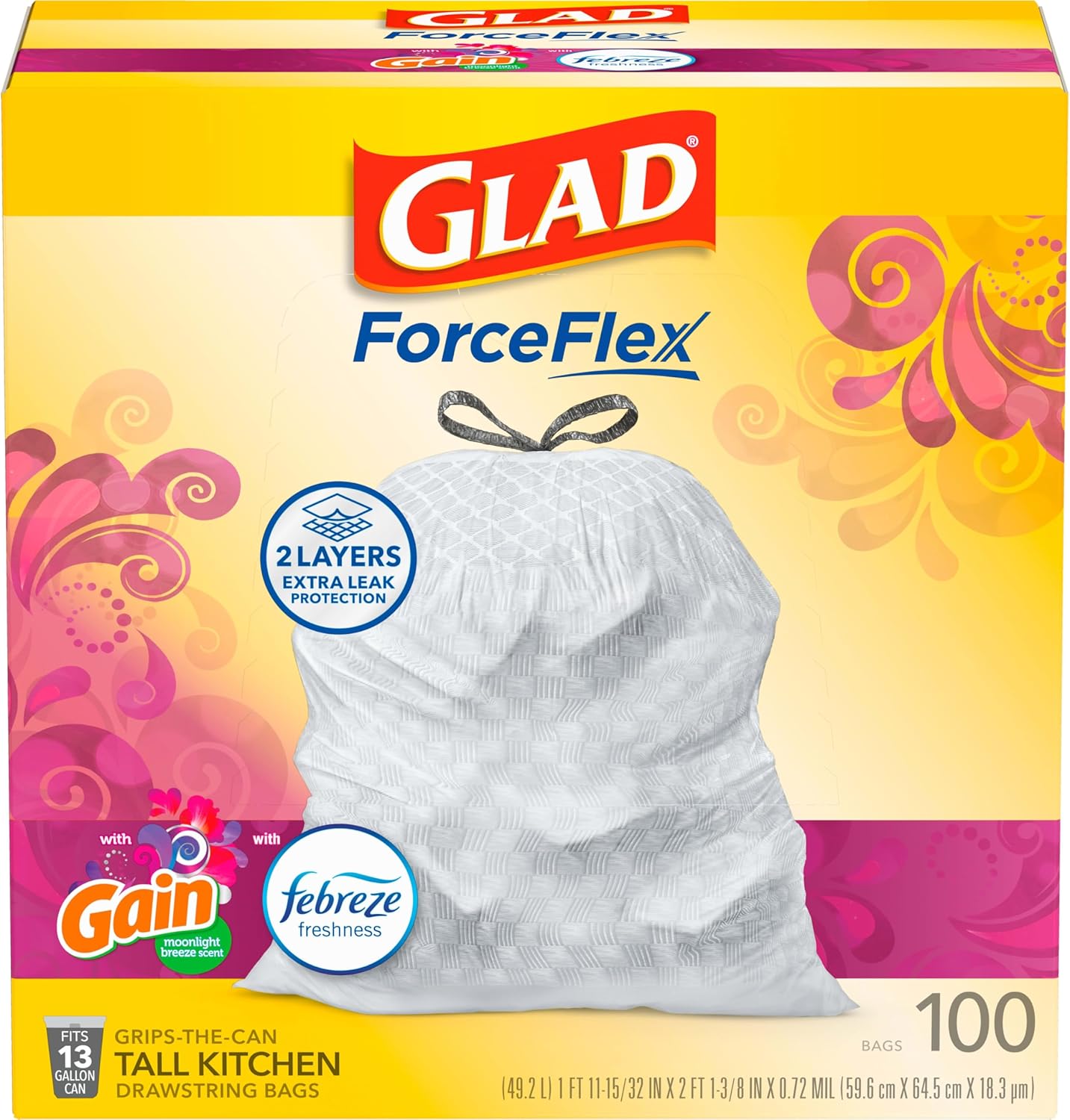 Glad Trash Bags, ForceFlex Tall Kitchen Drawstring Garbage Bags 13 Gallon White Trash Bag, Gain Moonlight Breeze scent with Febreze Freshness 100 Count (Package May Vary)