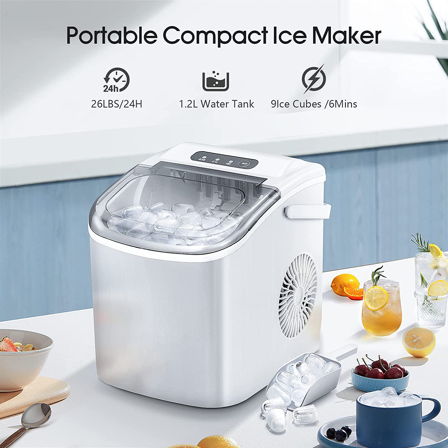 Silonn Ice Makers Countertop,Protable Ice Maker Machine with Handle,Self-Cleaning Ice Maker, 26Lbs/24H, 9 Ice Cubes Ready in 8 Mins, for Home/Office/Kitchen