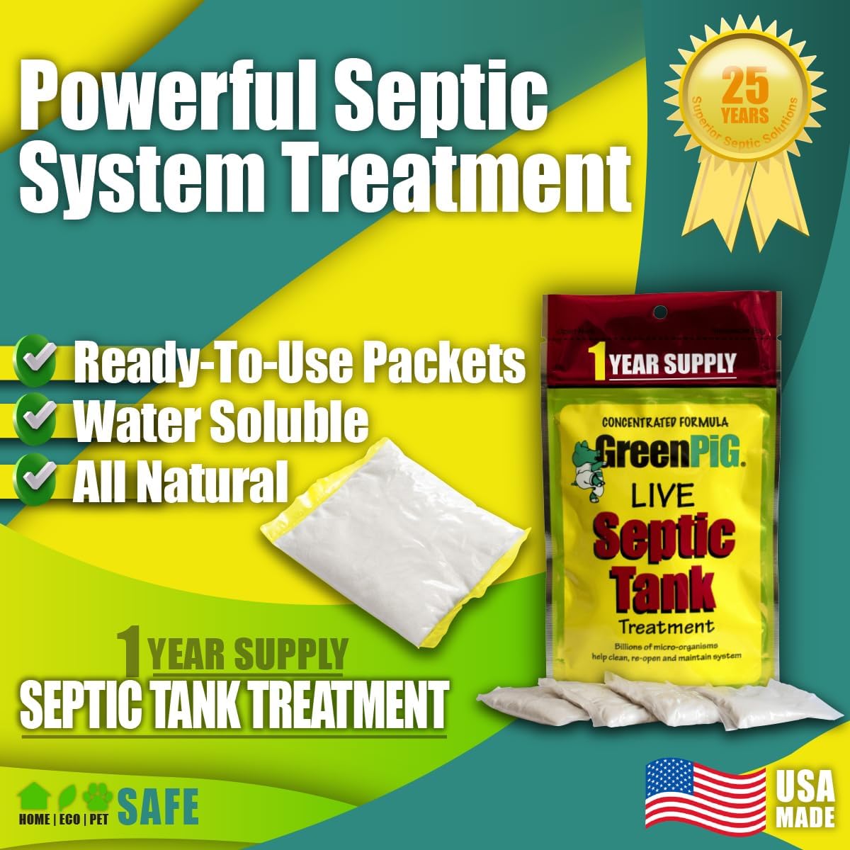 Green Pig 52 Live Septic Tank Treatment Ultimate Solution in Preventing Expensive Backups, Clogs, or Drain Field Failures with 4-Easy Drop-in and Flush, 1-Year Supply- 4 Packets, 4 Count