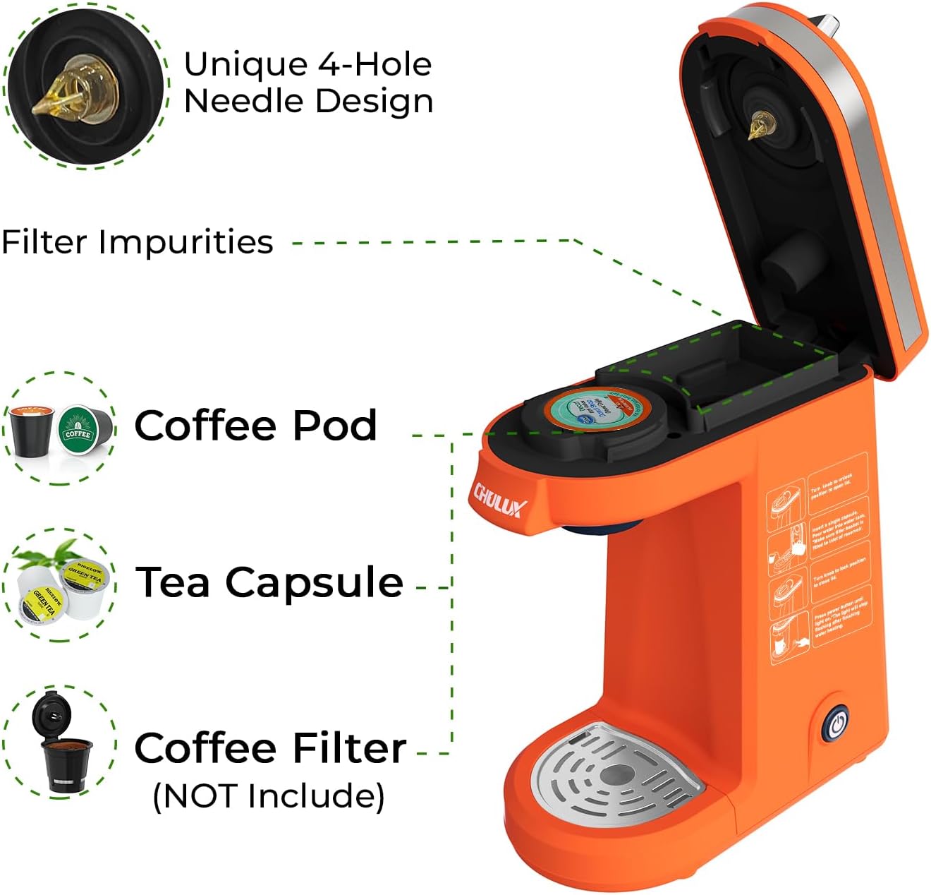 CHULUX Single Serve Coffee Maker for K Capsule and Ground Coffee, Single Cup Coffee Machine, Black