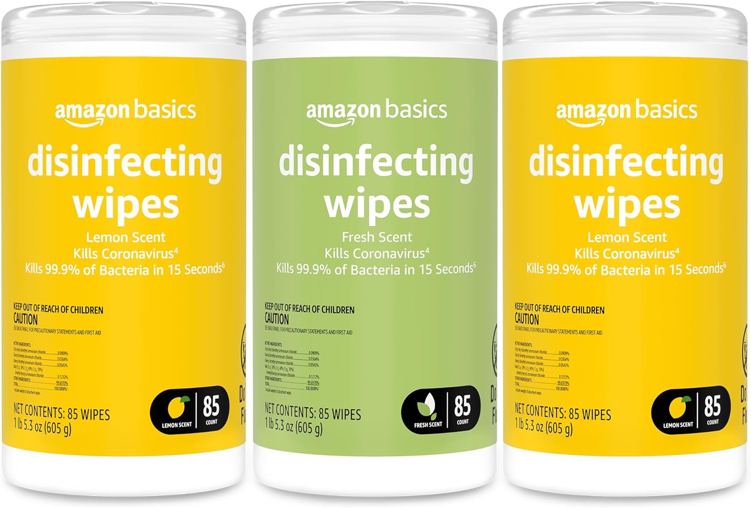 Amazon Basics Disinfecting Wipes, Lemon & Fresh Scent, Sanitizes, Cleans, Disinfects & Deodorizes, 255 Count (3 Packs of 85)
