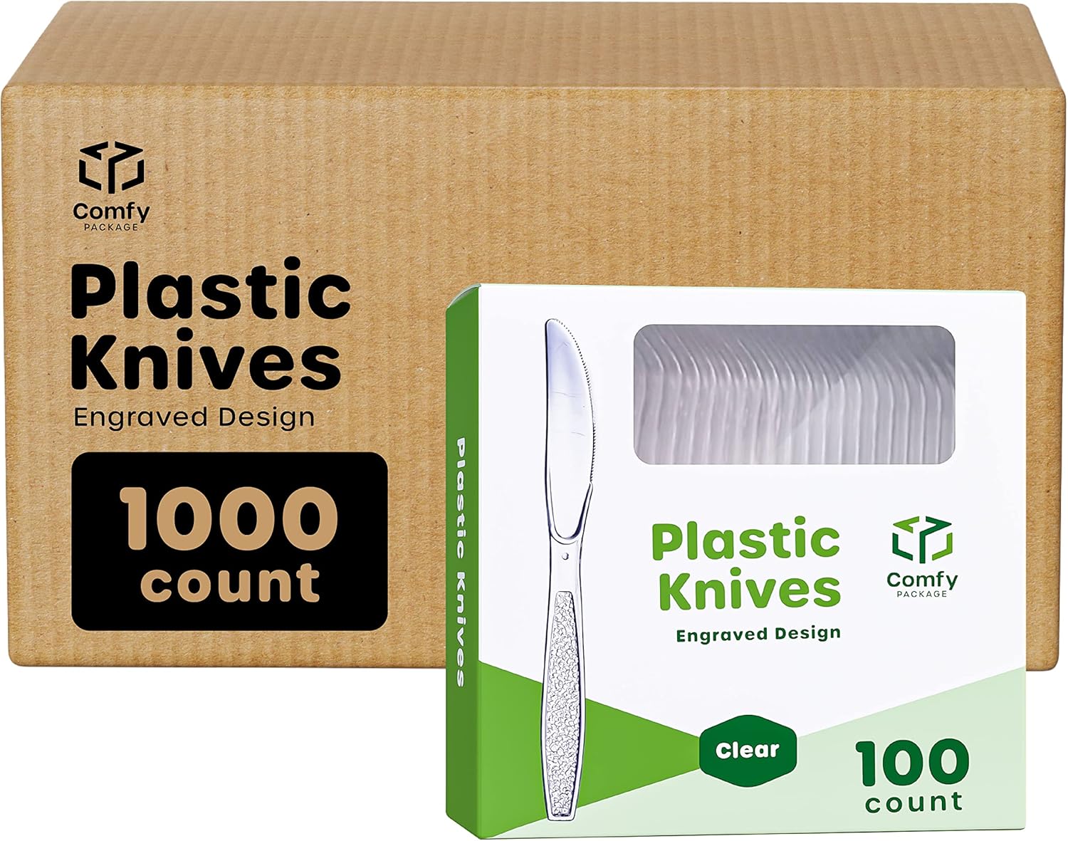 Comfy Package [100 Pack Clear Plastic Knives Heavy Duty with Engraved Design - Plastic Knives Disposable, Sturdy Plastic Silverware for Parties, Weddings, and Events