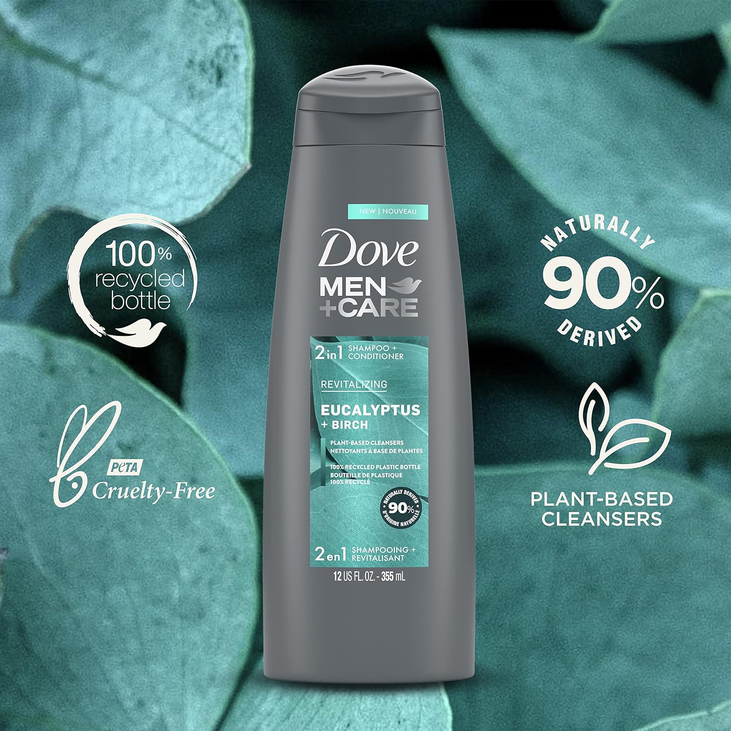 DOVE MEN + CARE 2 in 1 Shampoo & Conditioner Eucalyptus & Birch 4 Count For Healthy-Looking Hair Naturally Derived Plant Based Cleansers 12 oz