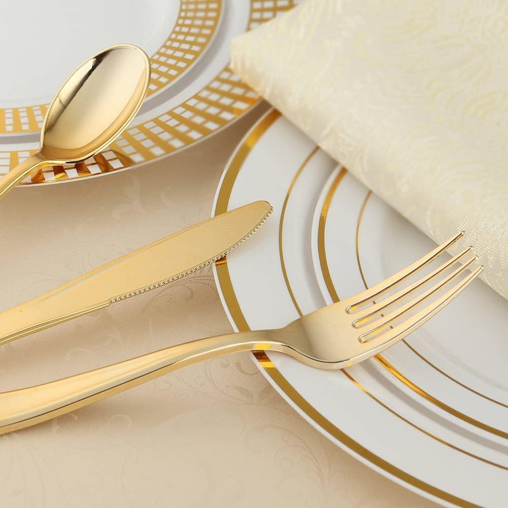 WDF300 Pieces Gold Plastic Silverware - Heavy Duty Disposable Gold Cutlery Set Plastic Gold Silverware Set Plastic Includes 100 Forks, 100 Spoons, 100 Knives