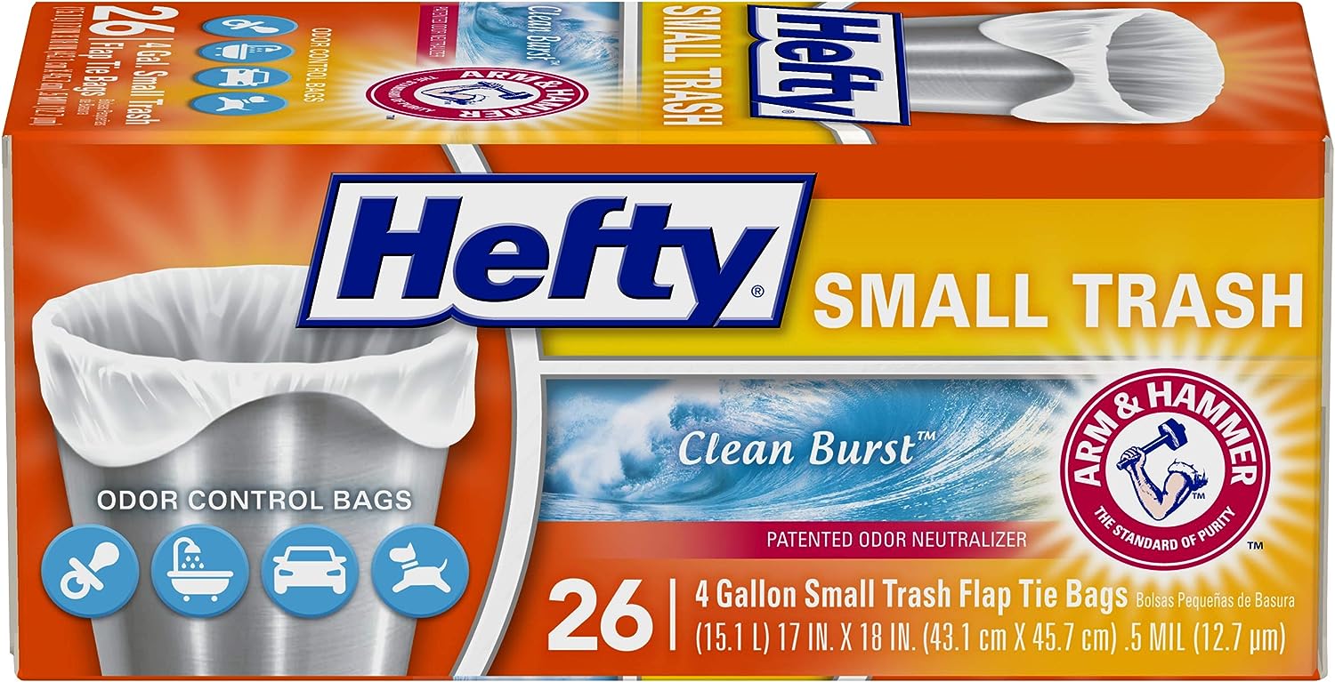 Hefty Small Garbage Bags, Flap Tie, Lavender & Sweet Vanilla Scent, 4 Gallon, 26 Count