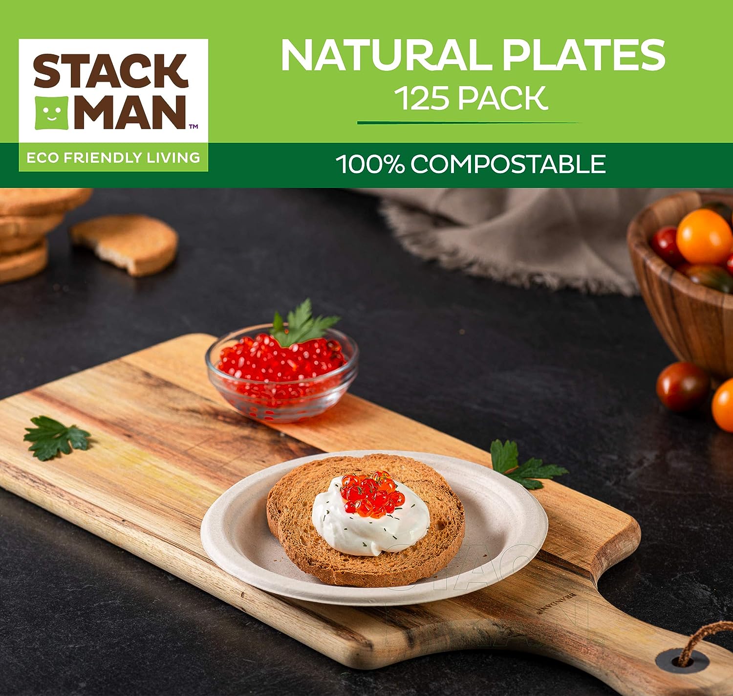 Paper Plates, 100% Compostable Heavy Duty Disposable Plate - [125-Pack] - {PFAS-Free} - {BPI Certified} - [9 Inch] Eco-Friendly, Biodegradable Bagasse Natural Brown 9