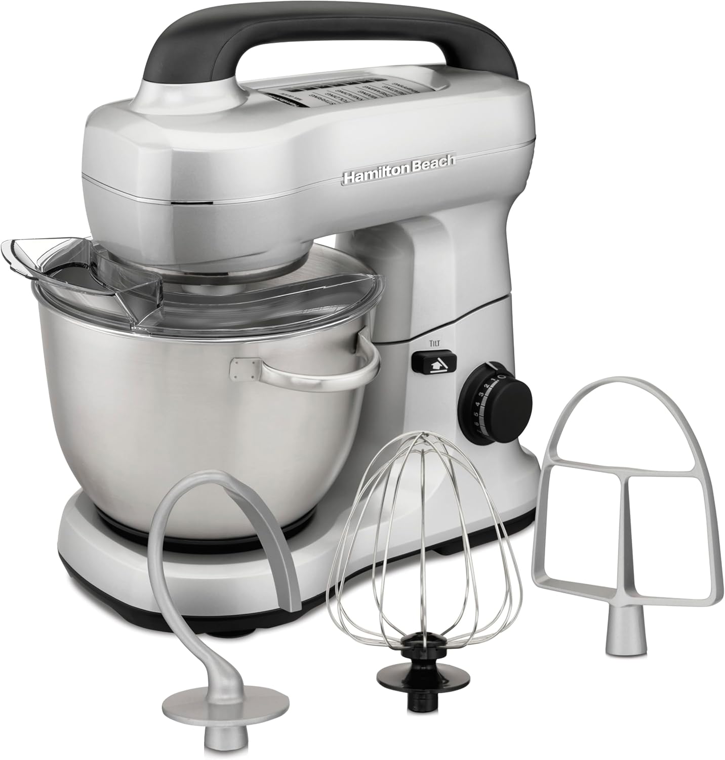 Hamilton Beach Electric Stand Mixer, 4 Quarts, Dough Hook, Flat Beater Attachments, Splash Guard 7 Speeds with Whisk, Black with Top Handle