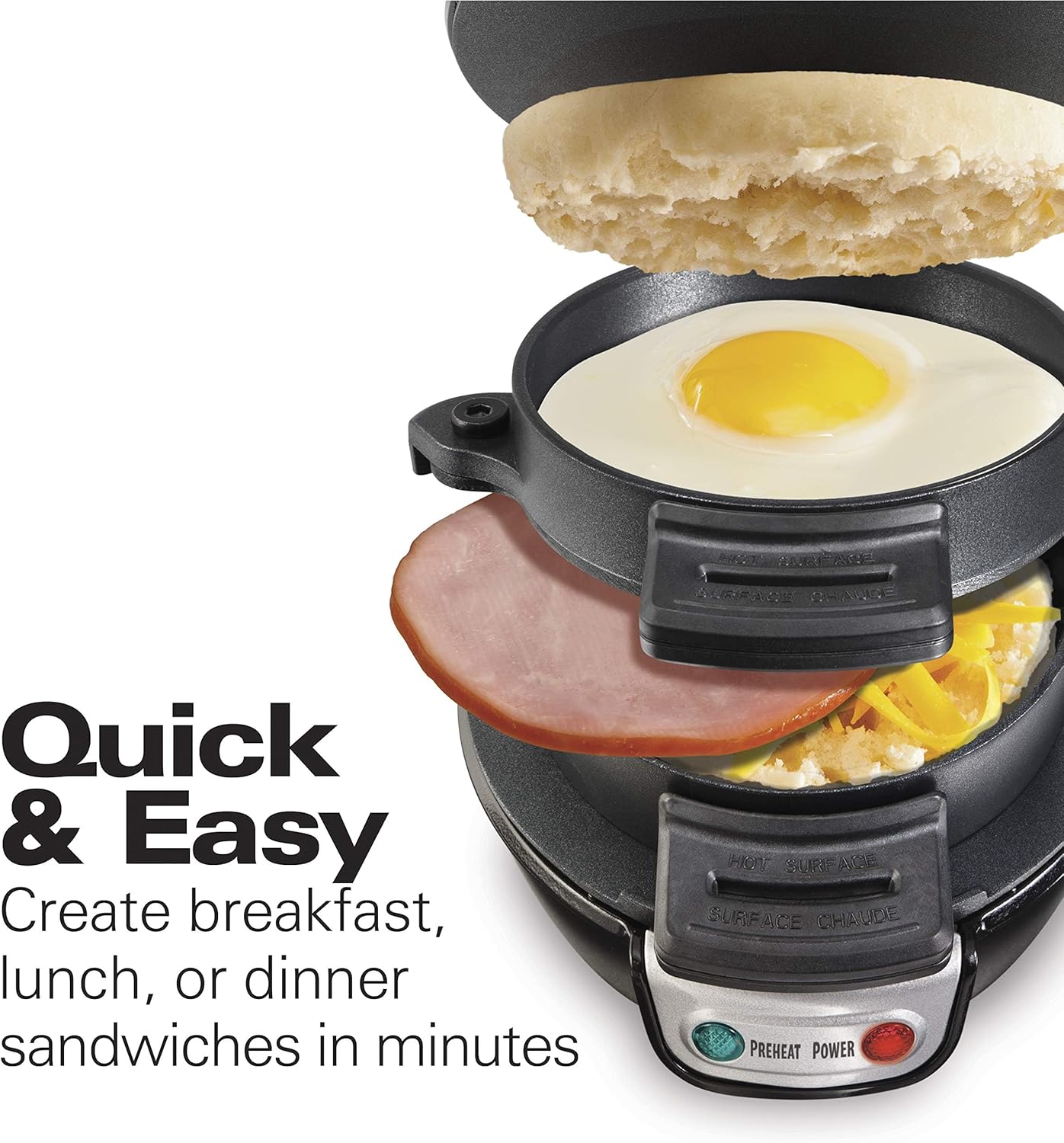 Hamilton Beach Breakfast Sandwich Maker with Egg Cooker Ring, Customize Ingredients, English Muffins, Croissants, Mini Waffles, Perfect White Elephant Gifts, Single, Black