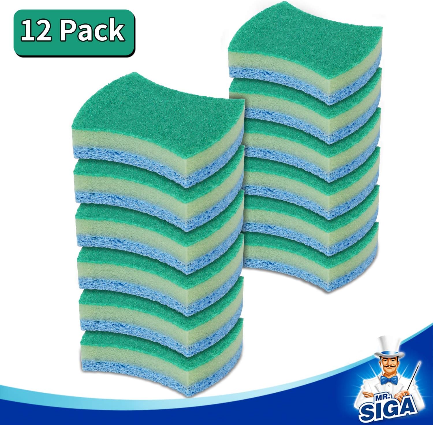MR.SIGA Non-Scratch Cellulose Scrub Sponge, Dual-Sided Dishwashing Sponge for Kitchen, 12 Pack