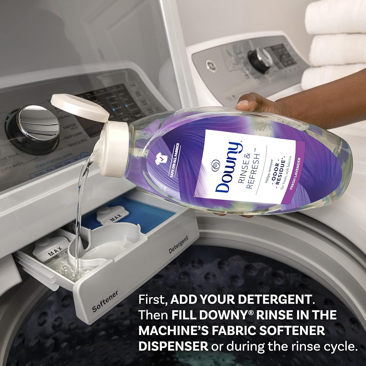 Downy Rinse & Refresh Laundry Odor Remover And Fabric Softener, Cool Cotton, 48 Fl Oz, HE Compatible Laundry Sanitizer, Safe On All Fabrics, Fabric Softener Liquid