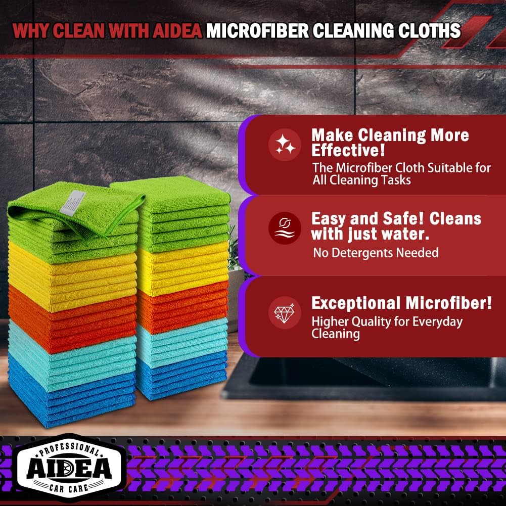 AIDEA Microfiber Cleaning Cloths-50PK, Microfiber Towels for Cars, Premium All-Purpose Car Cloth, Dusting Cloth Cleaning Rags, Absorbent Microfiber Cloth for SUVs, House, Kitchen, Window-12×12