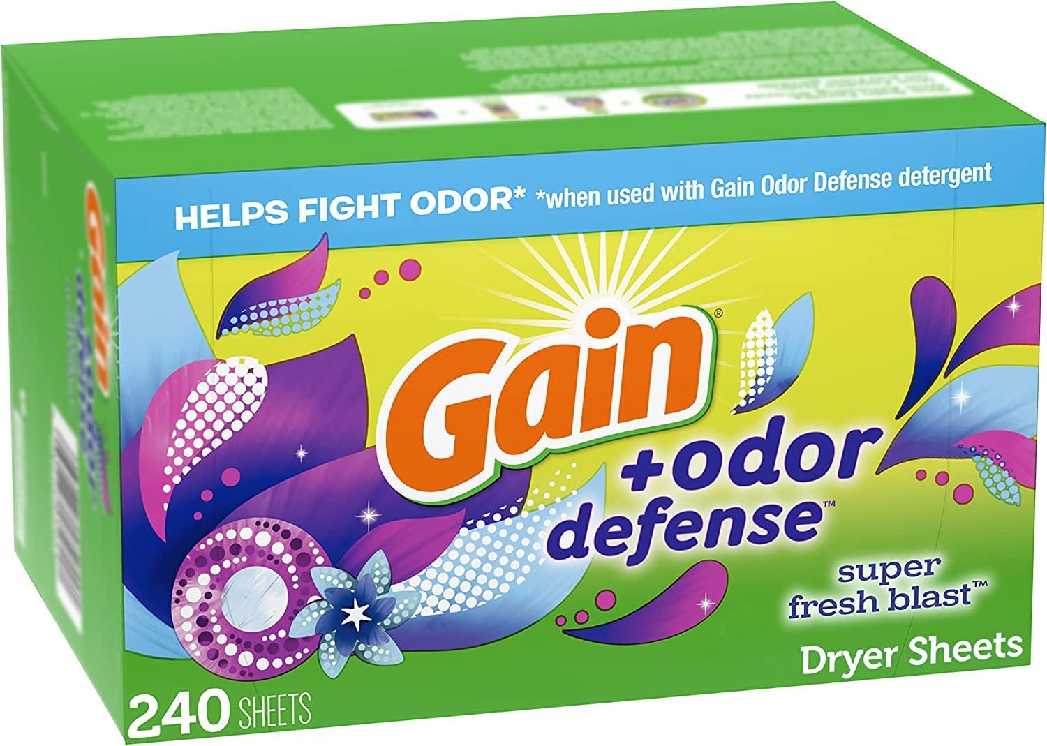 Gain + Odor Defense Dryer Sheets, Super Fresh Blast Scent Fabric Softener Sheets, 240 ct