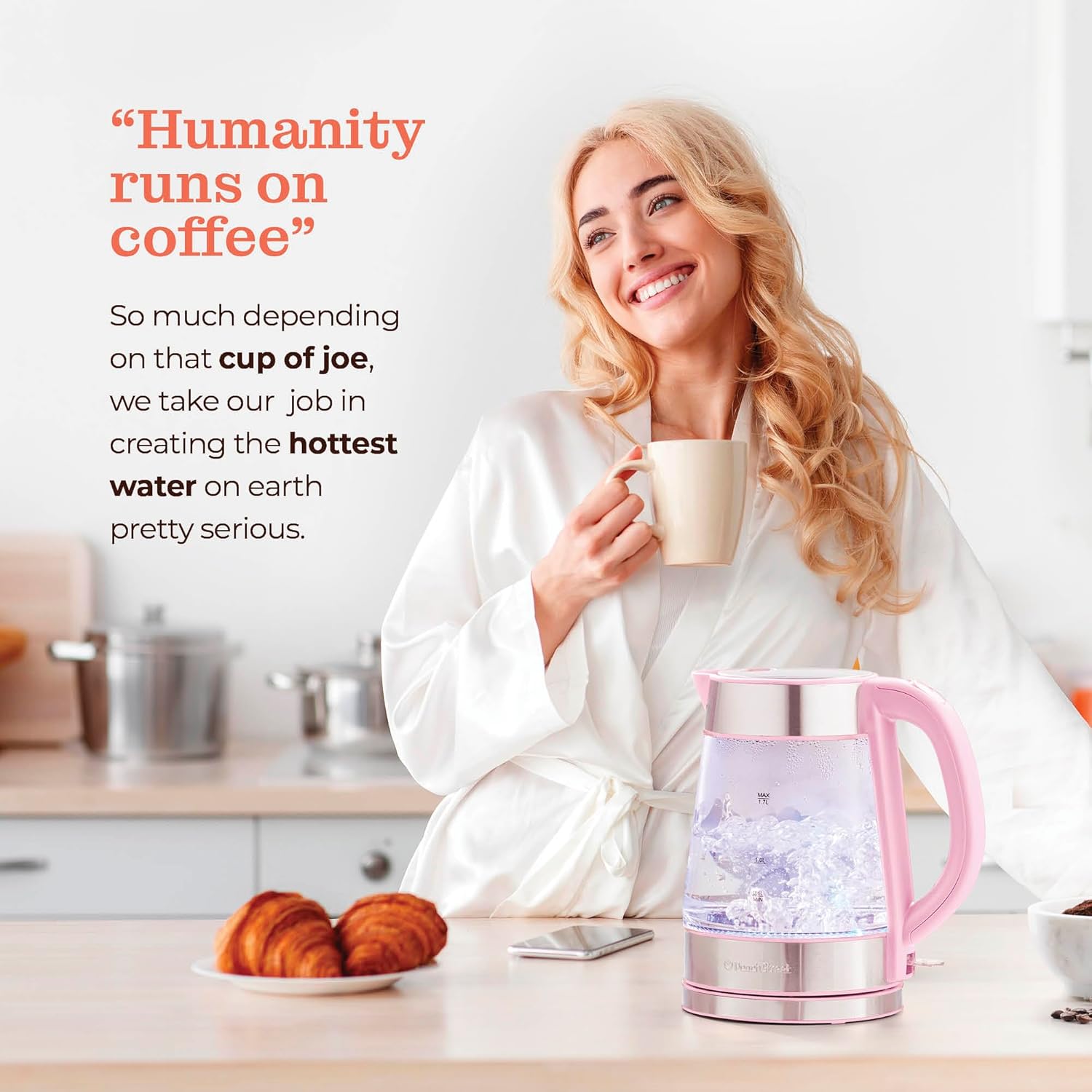 Speed-Boil Electric Kettle For Coffee & Tea - 1.7L Water Boiler 1500W, Borosilicate Glass, Easy Clean Wide Opening, Auto Shut-Off, Cool Touch Handle, LED Light. 360° Rotation, Boil Dry Protection
