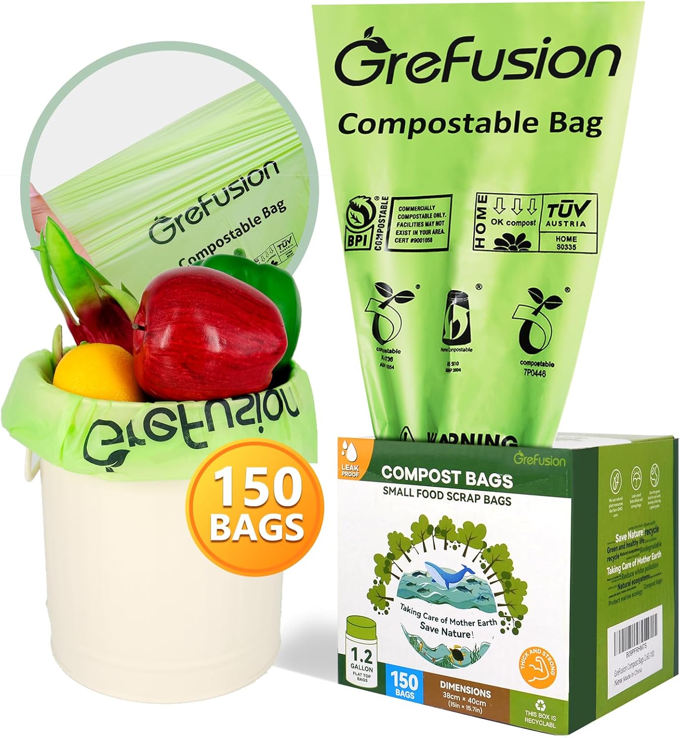 Compostable Bags for Kitchen Compost Bin, 1.2 Gallon, 125 Count, Certified by BPI and ASTM, Leakproof and Odor Control