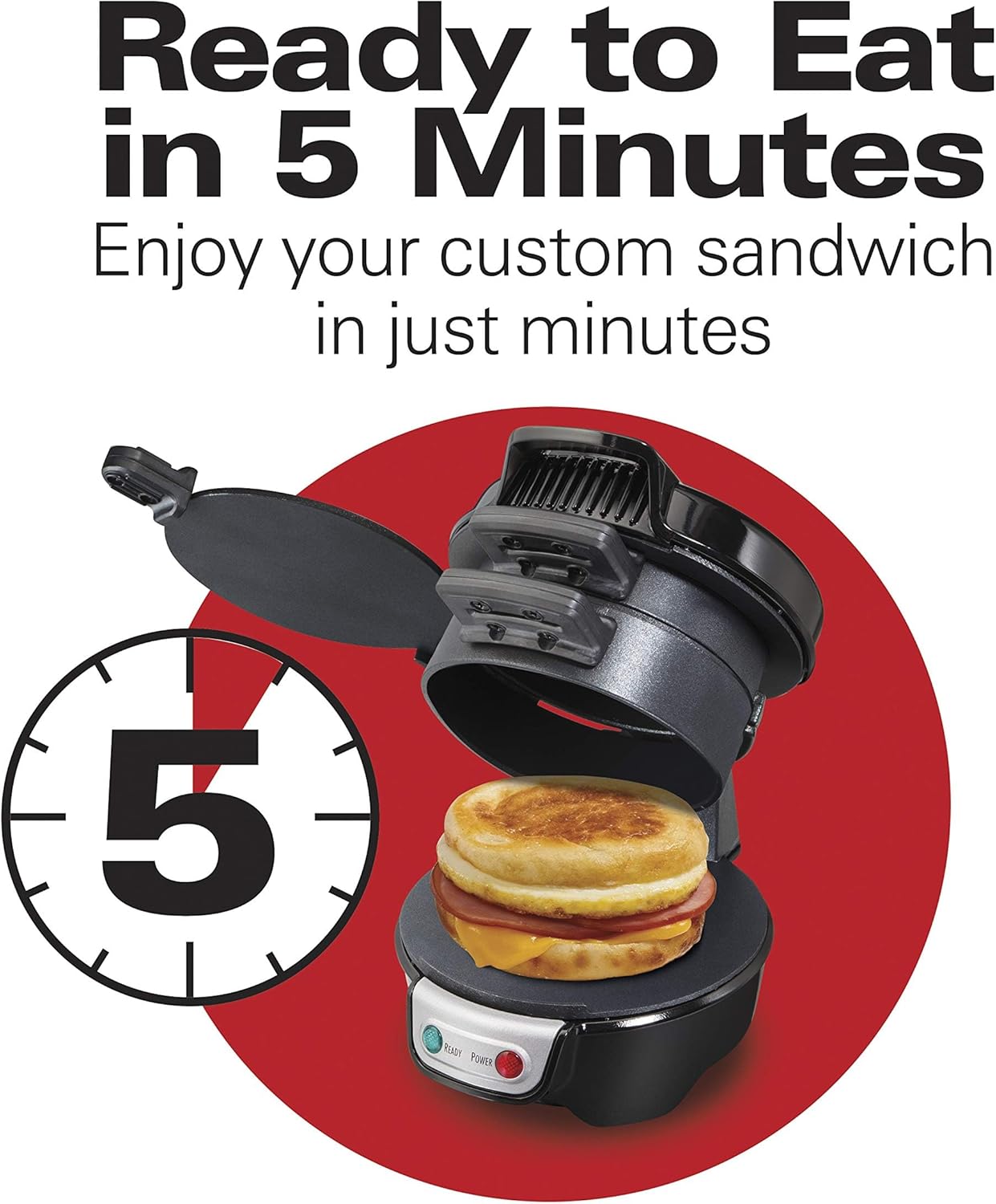 Hamilton Beach Breakfast Sandwich Maker with Egg Cooker Ring, Customize Ingredients, English Muffins, Croissants, Mini Waffles, Perfect White Elephant Gifts, Single, Black