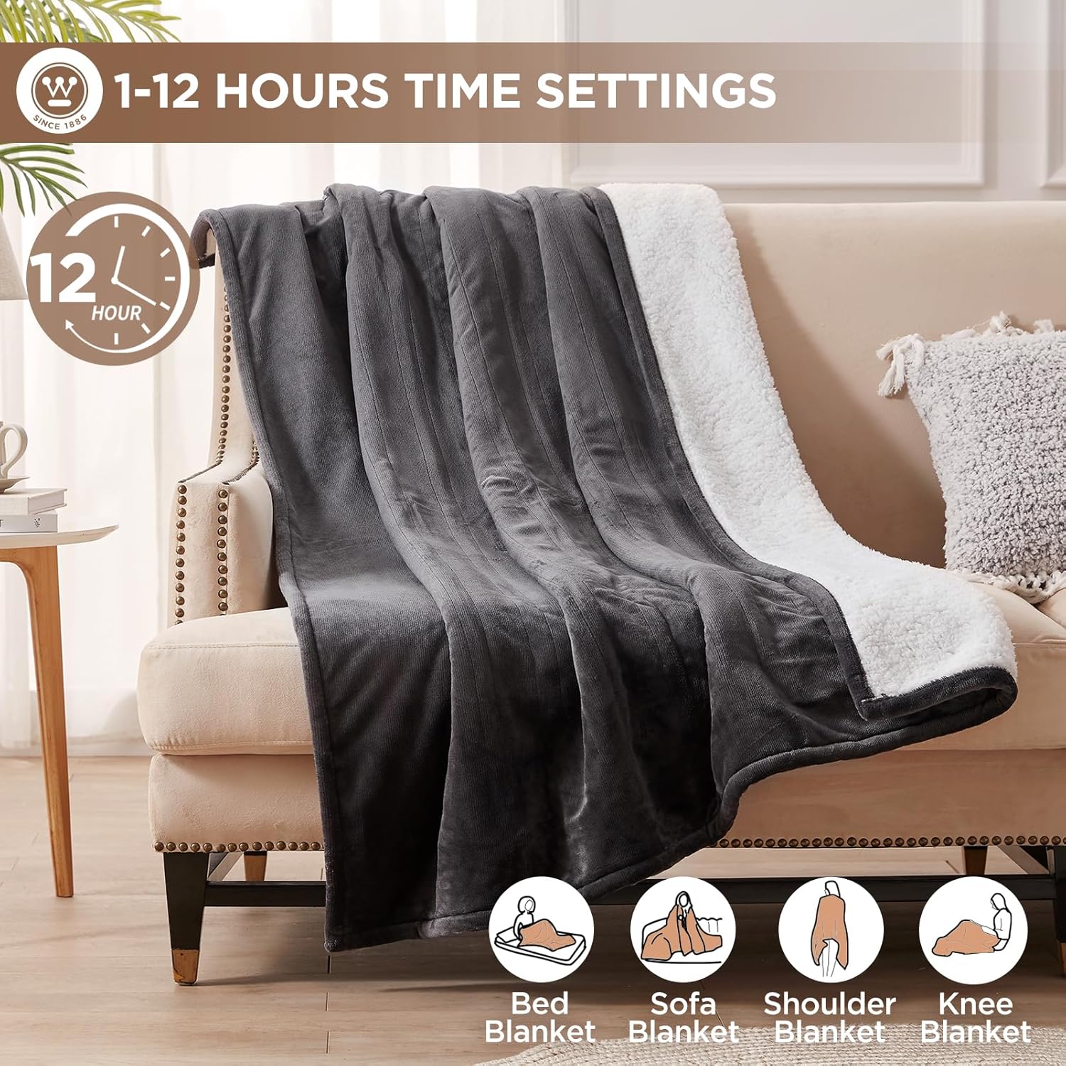 Westinghouse Heated Throw Blanket, Soft Flannel to Sherpa Electric Throw with 6 Heating Levels, 2-10 Hours Time Settings, Fast Heating, Machine Washable 50x60 Inch, Charcoal