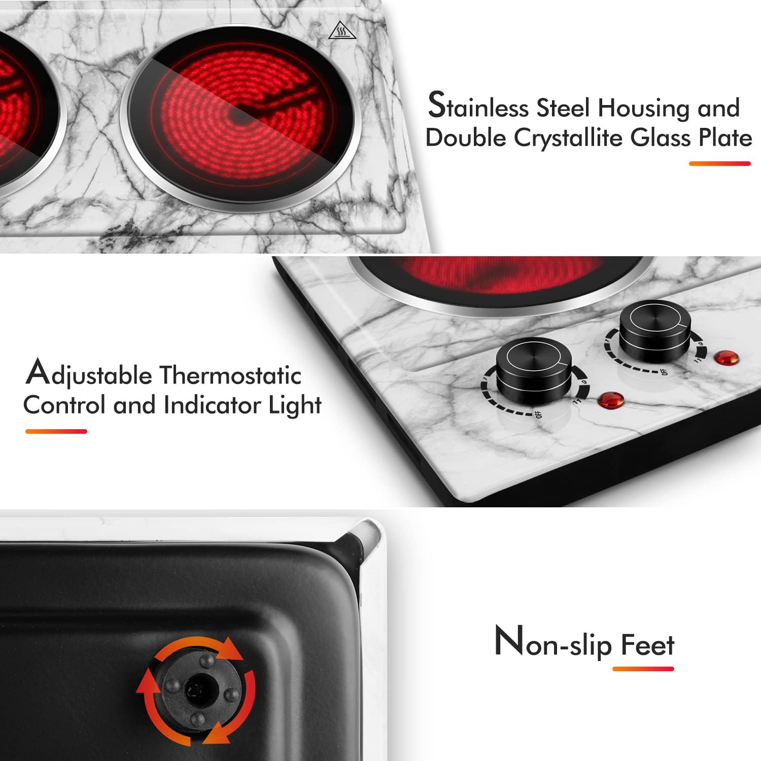 CUSIMAX 1800W Ceramic Electric Hot Plate for Cooking, Dual Control Infrared Cooktop, Double Burner, Portable Countertop Burner, Glass Plate Electric Cooktop, Silver, Stainless Steel-Upgraded Version