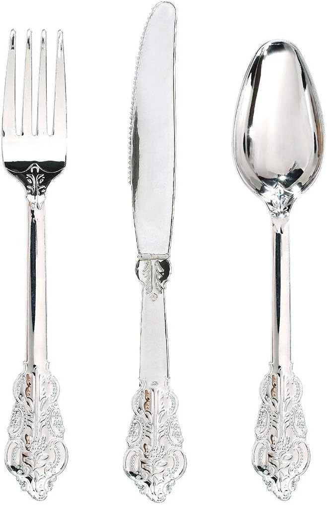 WDF300 Pieces Gold Plastic Silverware - Heavy Duty Disposable Gold Cutlery Set Plastic Gold Silverware Set Plastic Includes 100 Forks, 100 Spoons, 100 Knives