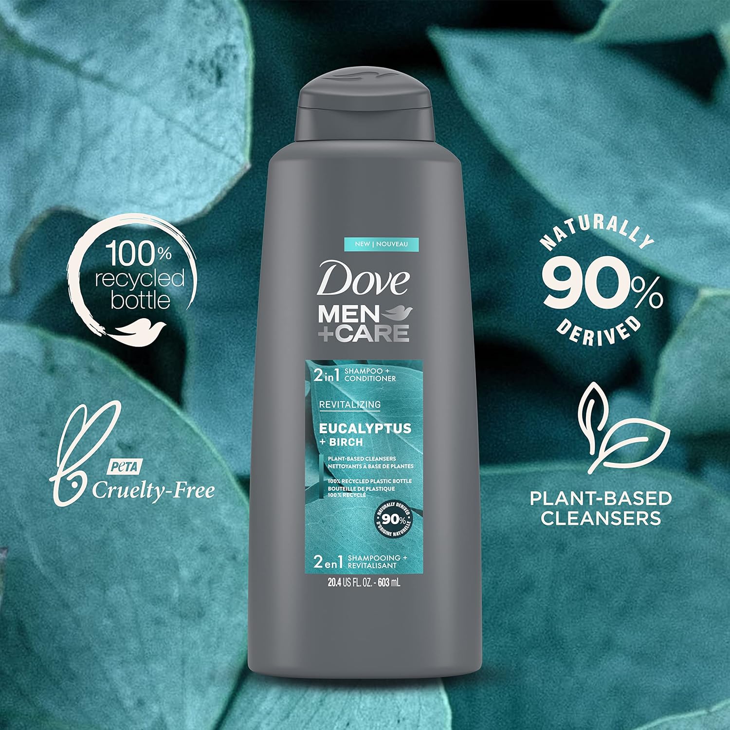 DOVE MEN + CARE 2 in 1 Shampoo & Conditioner Eucalyptus & Birch 4 Count For Healthy-Looking Hair Naturally Derived Plant Based Cleansers 12 oz