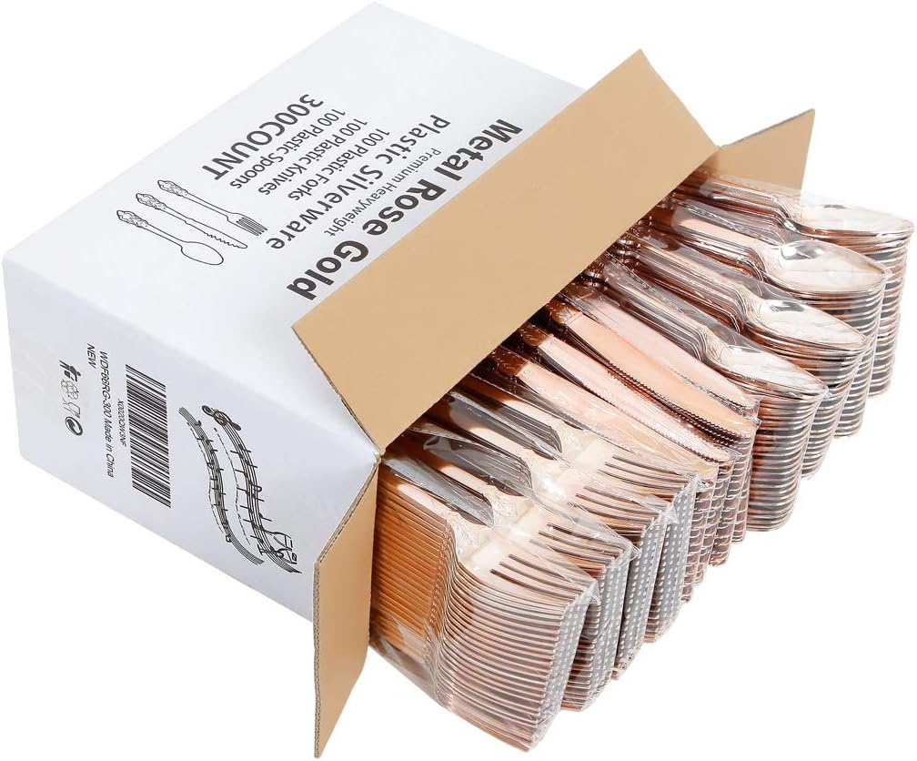 WDF300 Pieces Gold Plastic Silverware - Heavy Duty Disposable Gold Cutlery Set Plastic Gold Silverware Set Plastic Includes 100 Forks, 100 Spoons, 100 Knives