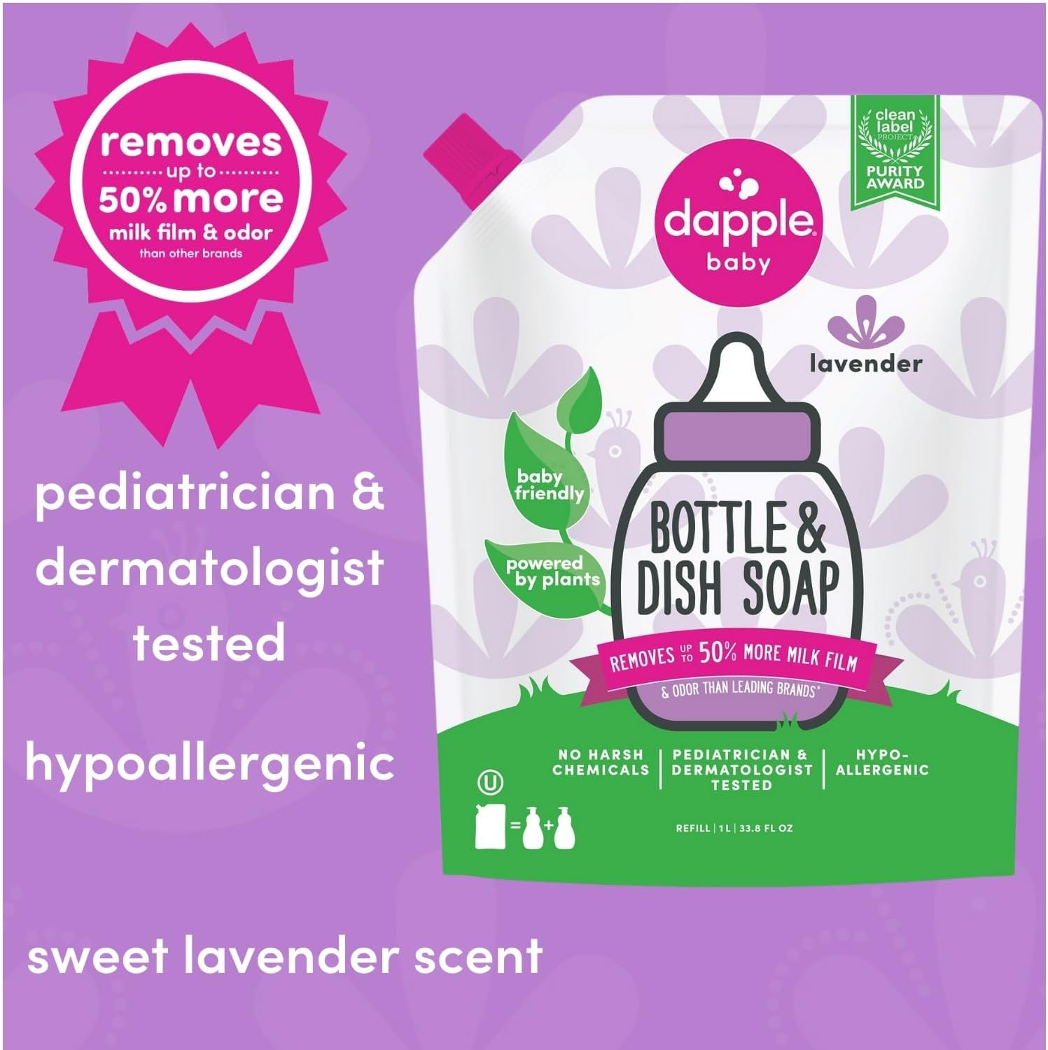 Dapple Baby Bottle Soap, Hypoallergenic Dish Soap for Baby Bottles, Powered by Plants, 1 Pump Included, Packaging May Vary, Fragrance Free, 16.9 Fl Oz (Pack of 3)