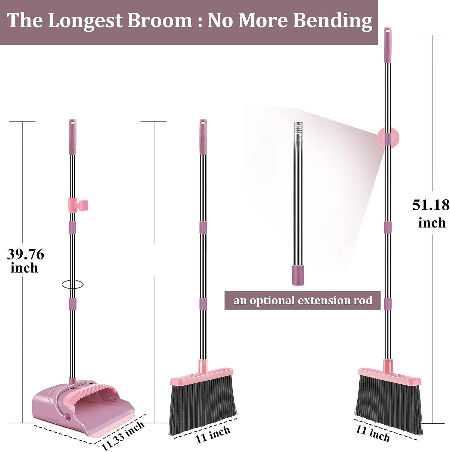 kelamayi Upgrade Stand Up Broom and Dustpan Set, Self-Cleaning with Dustpan Teeth, Ideal for Dog Cat Pets Home Use, Super Long Handle (Gray&Orange)