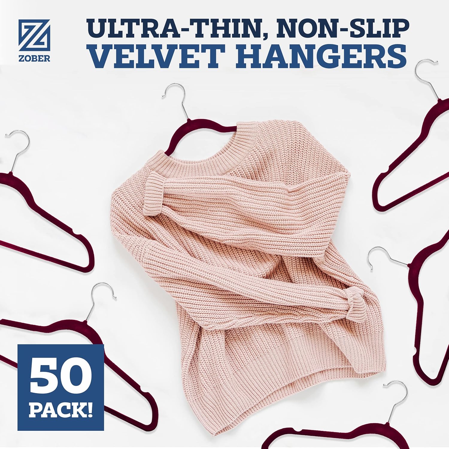 Zober Velvet Hangers 50 Pack - Heavy Duty Black Hangers for Coats, Pants & Dress Clothes - Non Slip Clothes Hanger Set - Space Saving Felt Hangers for Clothing