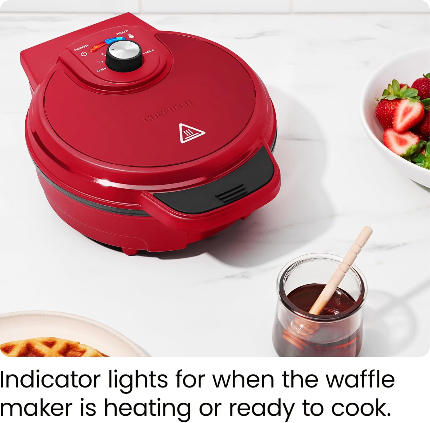 Chefman Anti-Overflow Belgian Waffle Maker w/Shade Selector, Temperature Control, Mess Free Moat, Round Iron w/Nonstick Plates & Cool Touch Handle, Measuring Cup Included, Black