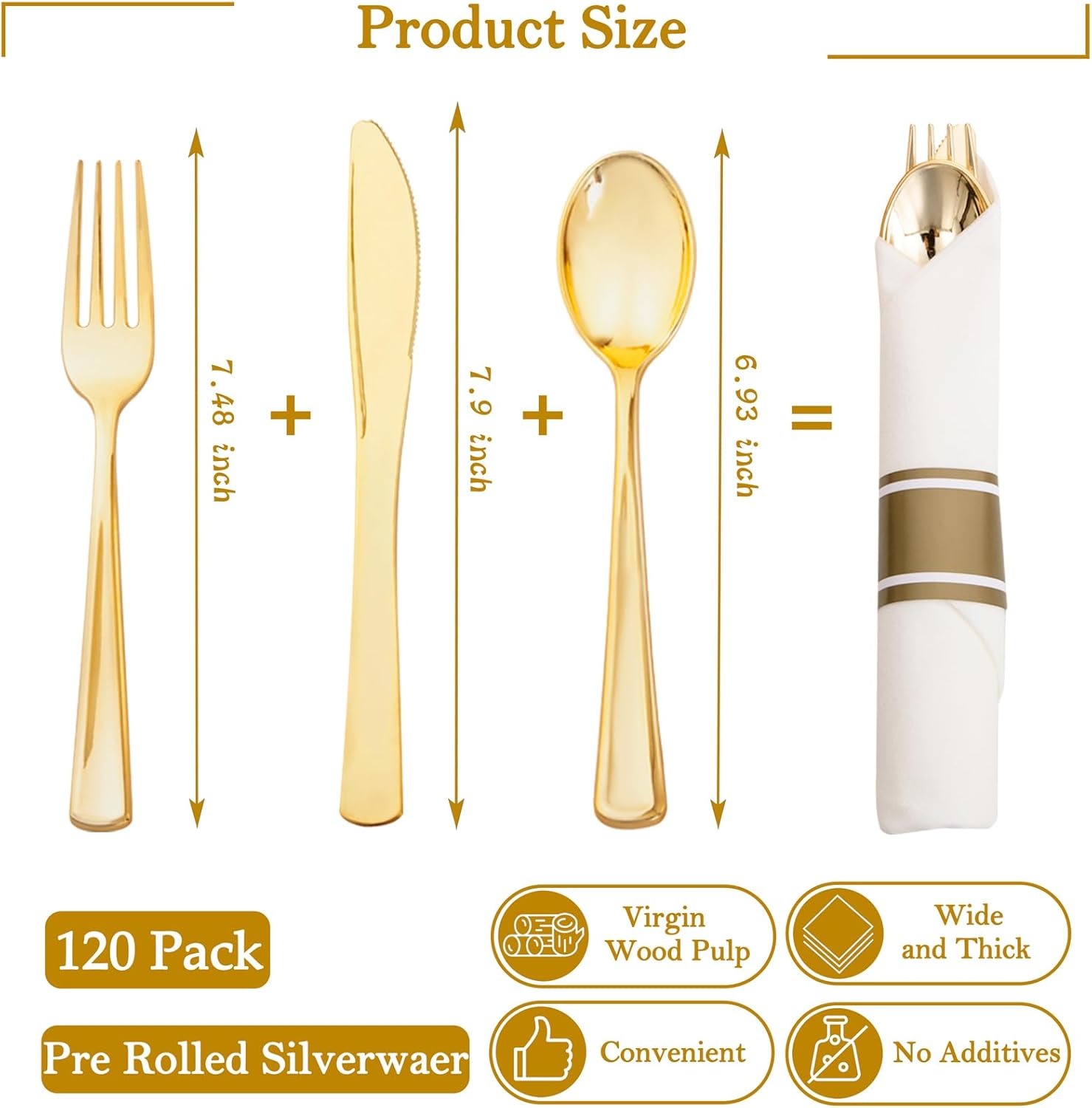 Supernal 60 Pack Pre Rolled Napkins with Gold Plastic Silverware, Premium Disposable Gold Wrapped Cutlery Set Includes: 60 Forks 60 Knives 60 Spoons 60 Napkin for Party