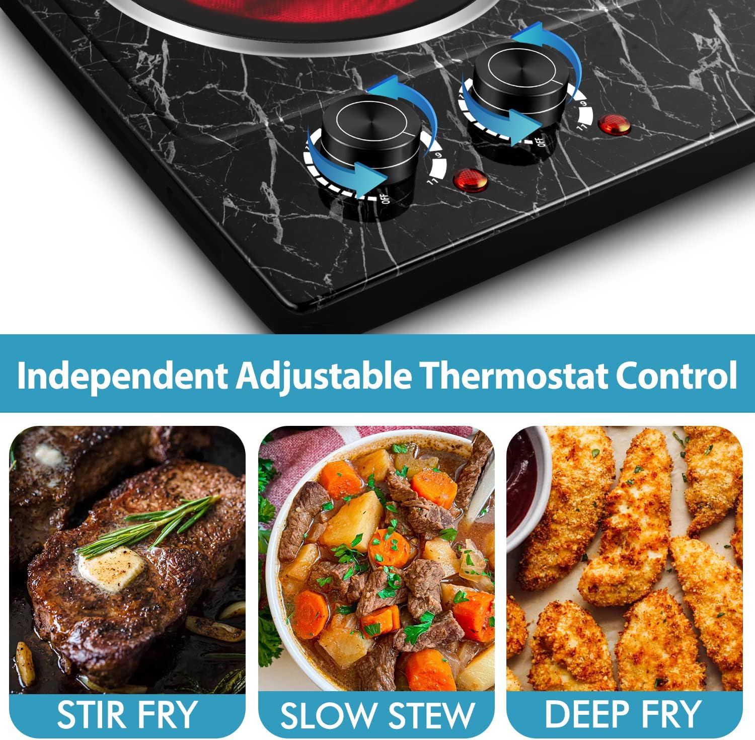 CUSIMAX 1800W Ceramic Electric Hot Plate for Cooking, Dual Control Infrared Cooktop, Double Burner, Portable Countertop Burner, Glass Plate Electric Cooktop, Silver, Stainless Steel-Upgraded Version