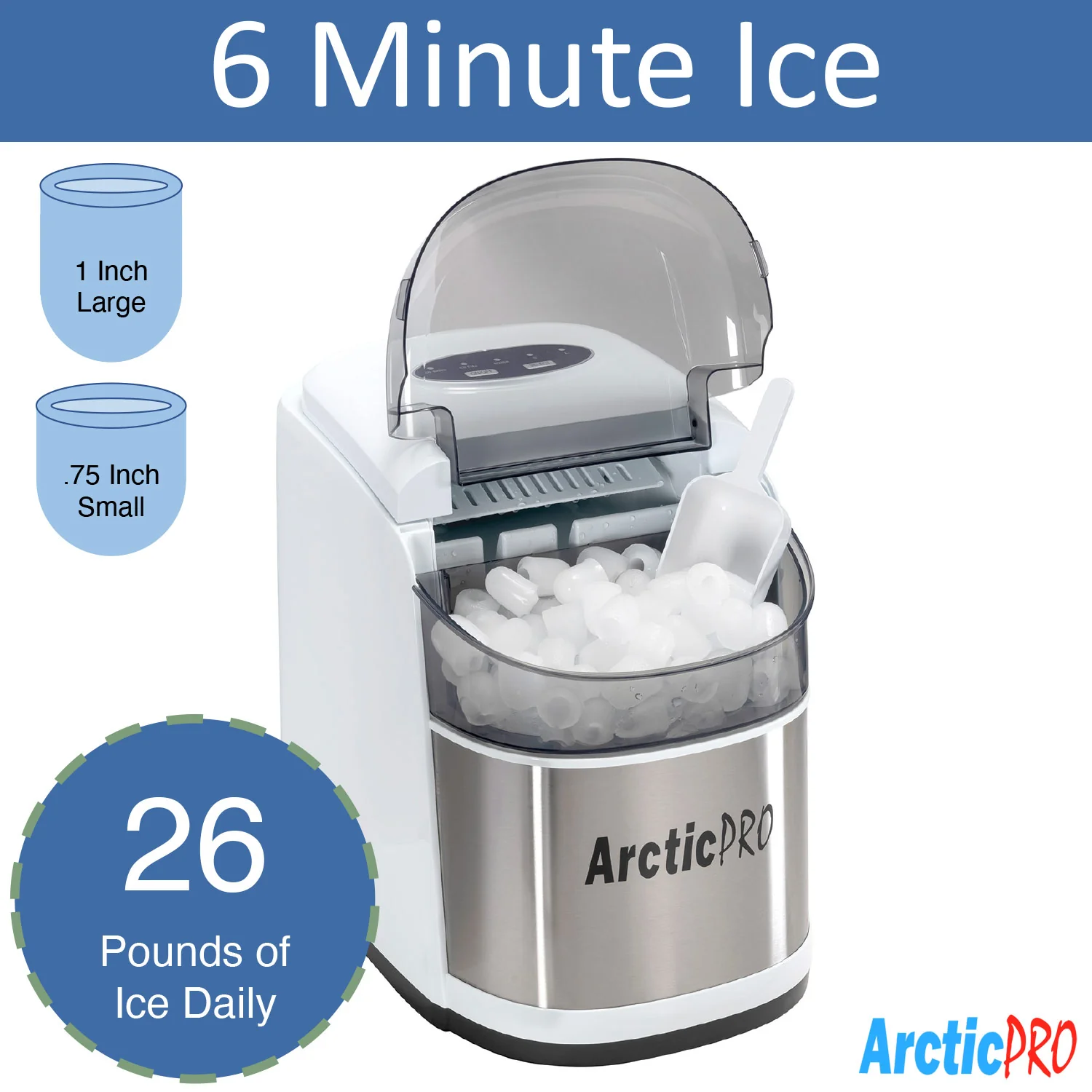 Arctic-Pro Easy Clean Flip-Top Lid Portable Ice Maker, White-Stainless Steel