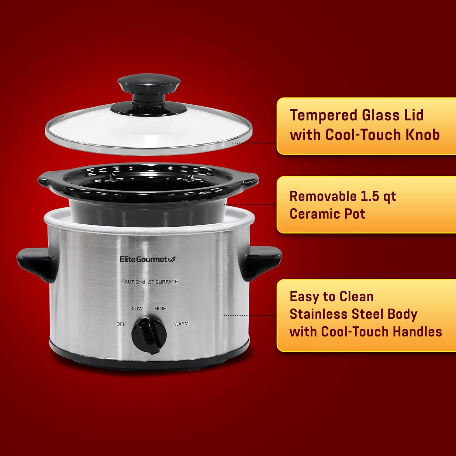 Elite Gourmet MST-250XS Electric Slow Cooker Ceramic Pot, Adjustable Temp, Entrees, Sauces, Stews & Dips, Dishwasher Safe Glass Lid & Crock, 1.5 Quart, Stainless Steel