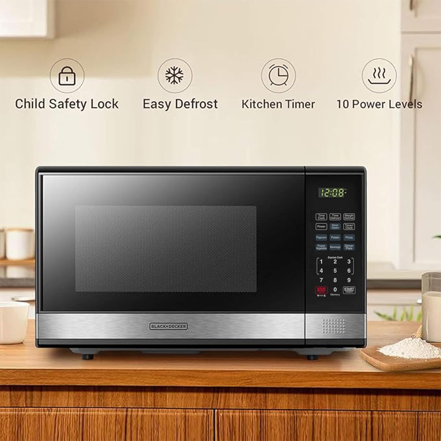 BLACK+DECKER EM720CB7 Digital Microwave Oven with Turntable Push-Button Door, Child Safety Lock, 700W, Stainless Steel, 0.7 Cu.ft