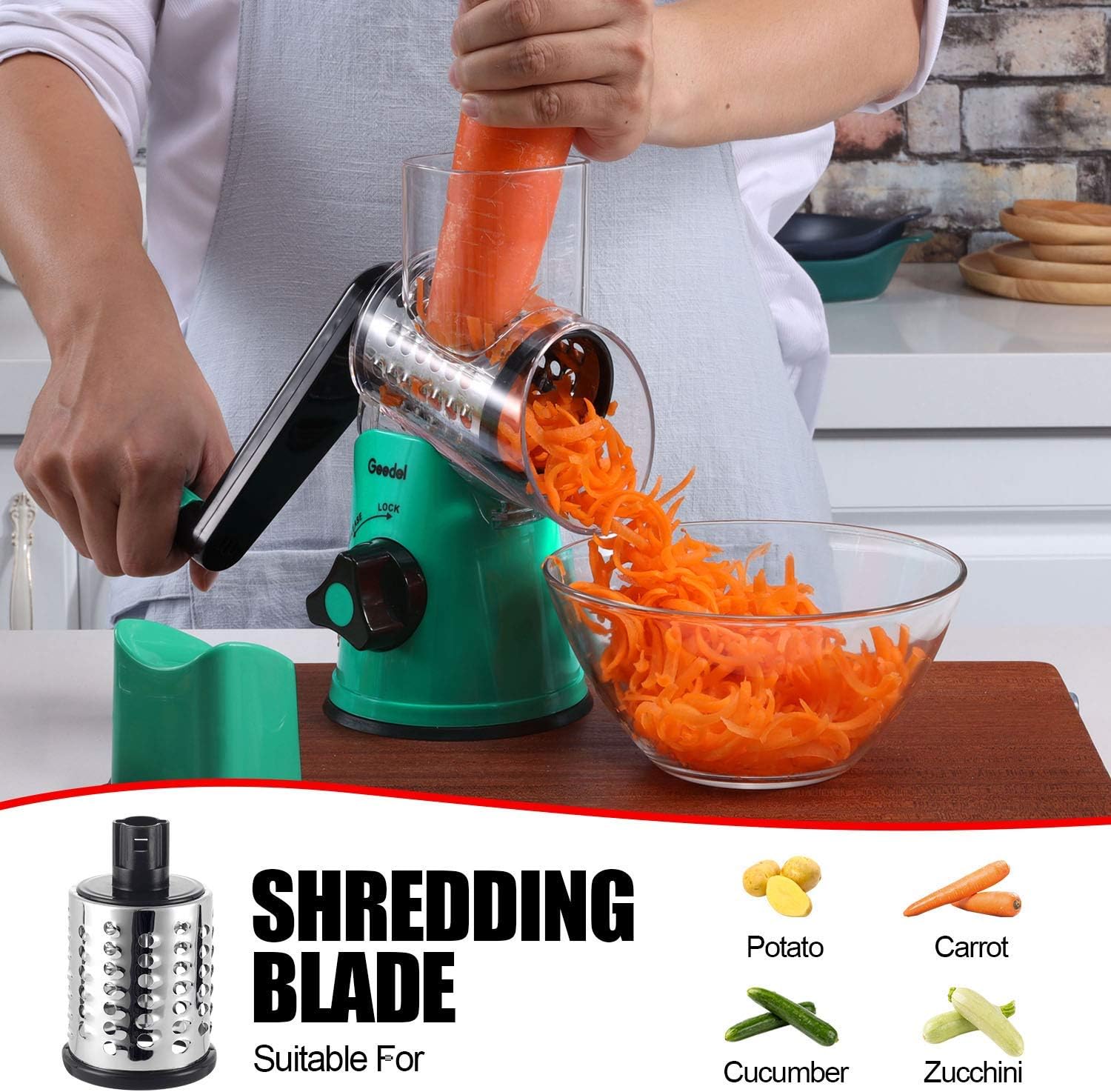 Geedel Rotary Cheese Grater, Kitchen Mandoline Vegetable Slicer with 3 Interchangeable Blades, Easy to Clean Grater for Fruit, Vegetables, Nuts