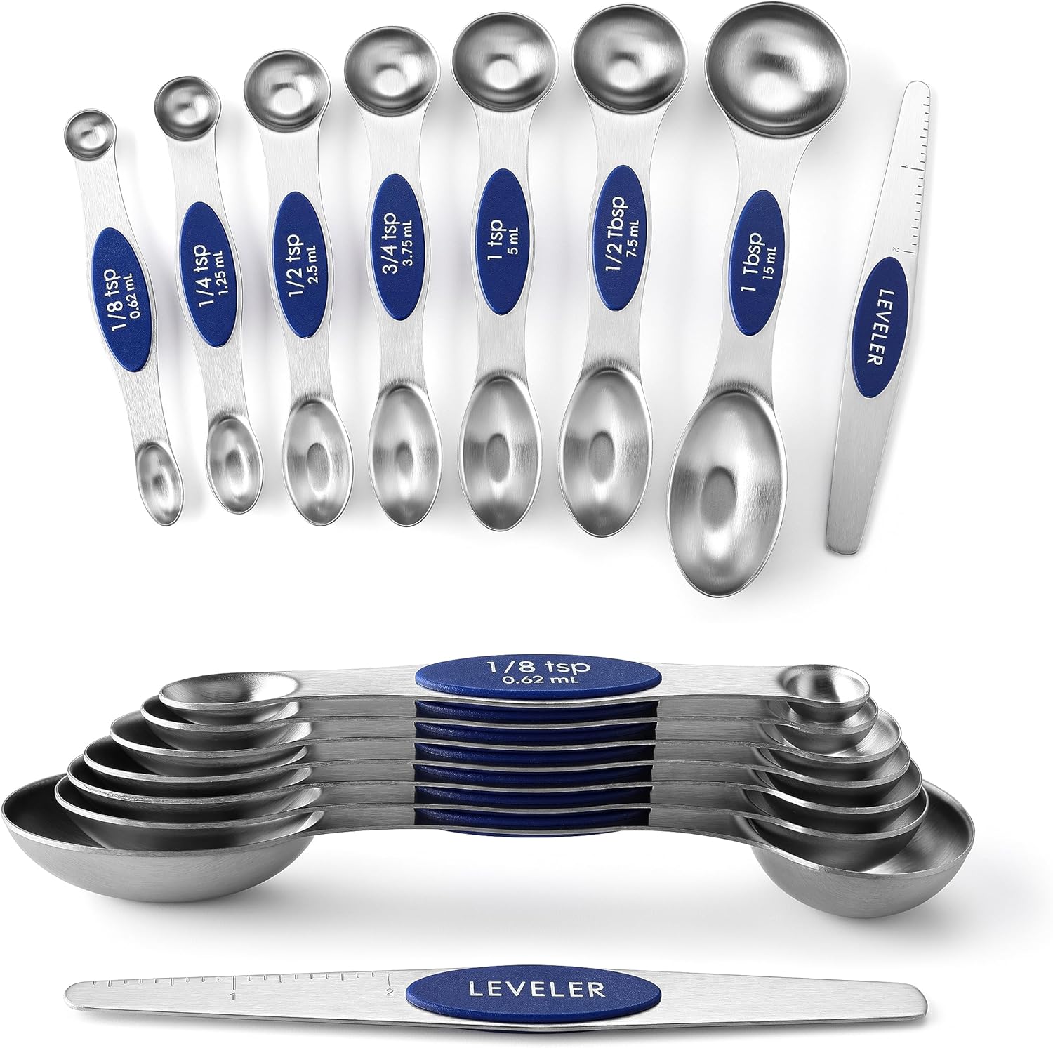 Spring Chef Magnetic Measuring Spoons Set with Strong N45 Magnets, Heavy Duty Stainless Steel Metal, Fits in Most Kitchen Spice Jars for Baking & Cooking, BPA Free, Black, Set of 8 with Leveler