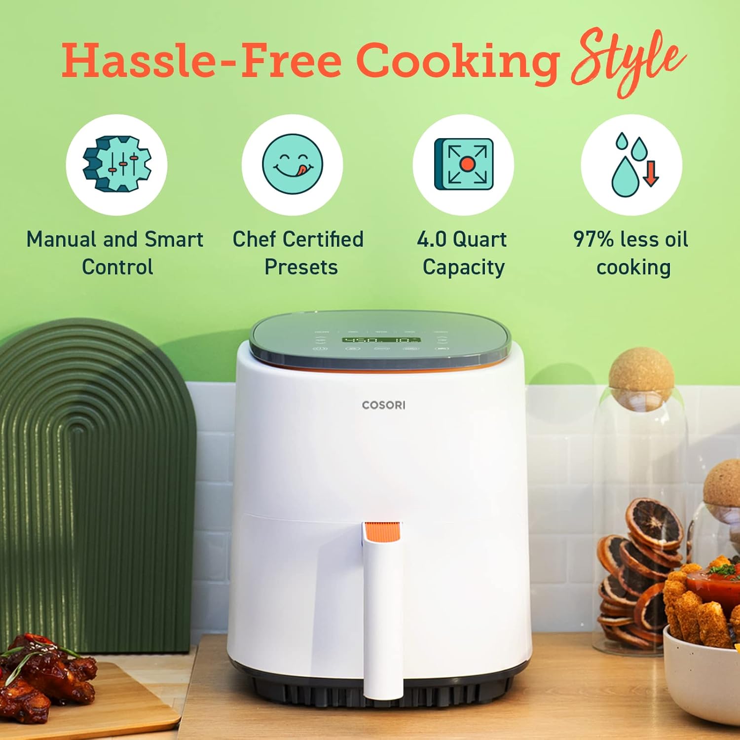 COSORI 2.1Qt Air Fryer, Small 4-in-1 Air Fryer Perfect for Simple Meals and Snack, Easy to Leftover Food to Crispy, 97% Less Oil, 30 In-App Recipes, Nonstick & Dishwasher Safe Basket