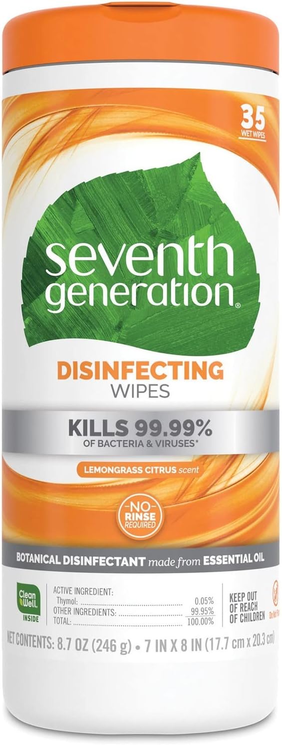 Seventh Generation Disinfecting Multi-Surface Wipes, Pack of 3, Lemongrass Citrus, 70 Count