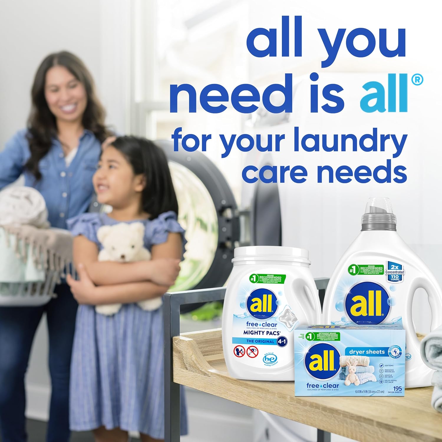 all Liquid Laundry Detergent, Free Clear for Sensitive Skin, Unscented and Hypoallergenic, 2X Concentrated, 110 Loads