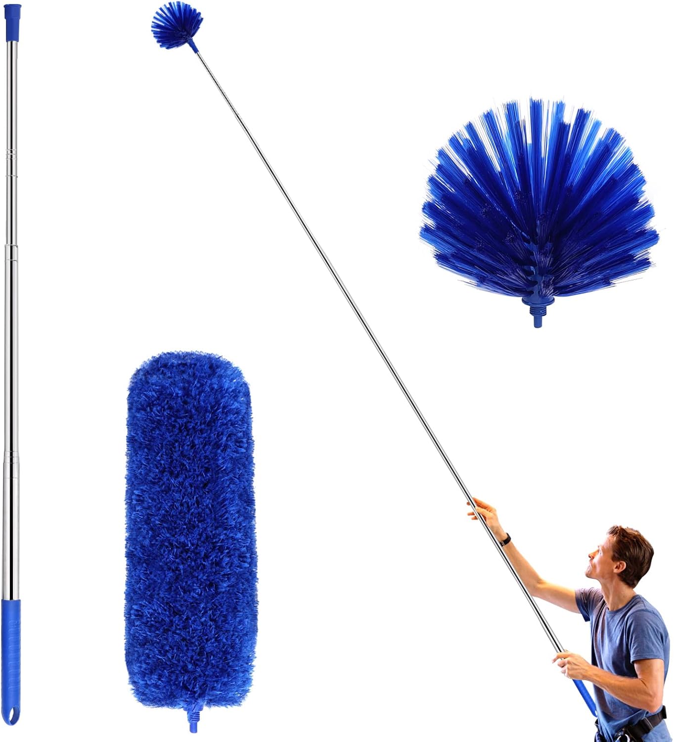Ceiling Fan Duster with Extension Pole, Cobweb & Corner Brush Cleaning Kit w 2 Duster Heads for Cleaning,15-100 Inch Long Handle Aluminum Telescoping Pole, Washable(Blue)