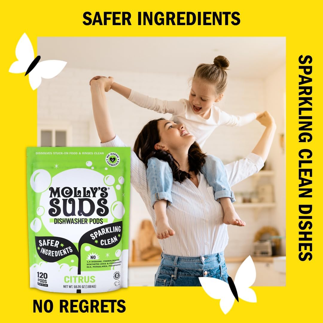 Molly's Suds Dishwasher Pods | Natural Dishwasher Detergent, Cuts Grease & Rinses Clean (Residue-Free) for Sparkling Dishes | 60 Auto-Release Tabs (Unscented)