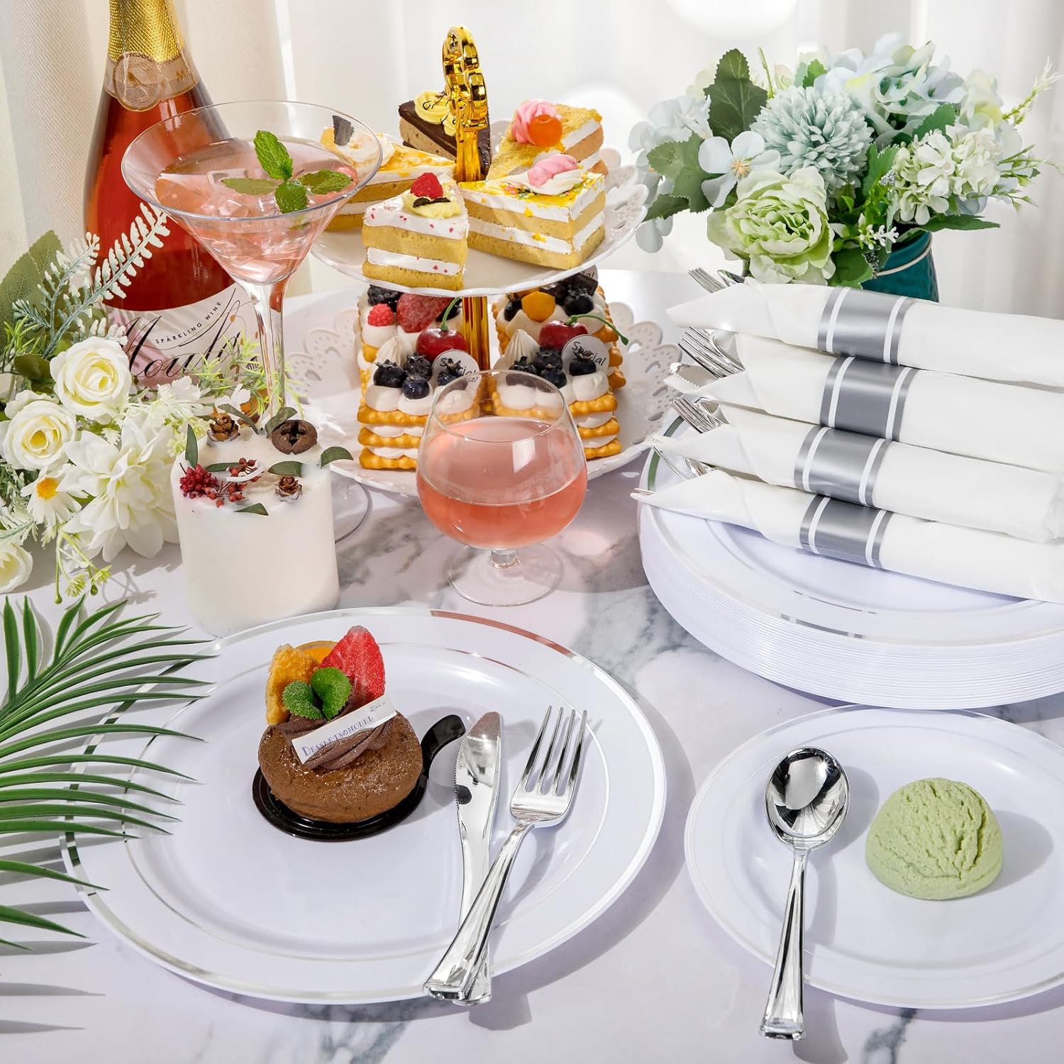 Supernal 60 Pack Pre Rolled Napkins with Gold Plastic Silverware, Premium Disposable Gold Wrapped Cutlery Set Includes: 60 Forks 60 Knives 60 Spoons 60 Napkin for Party