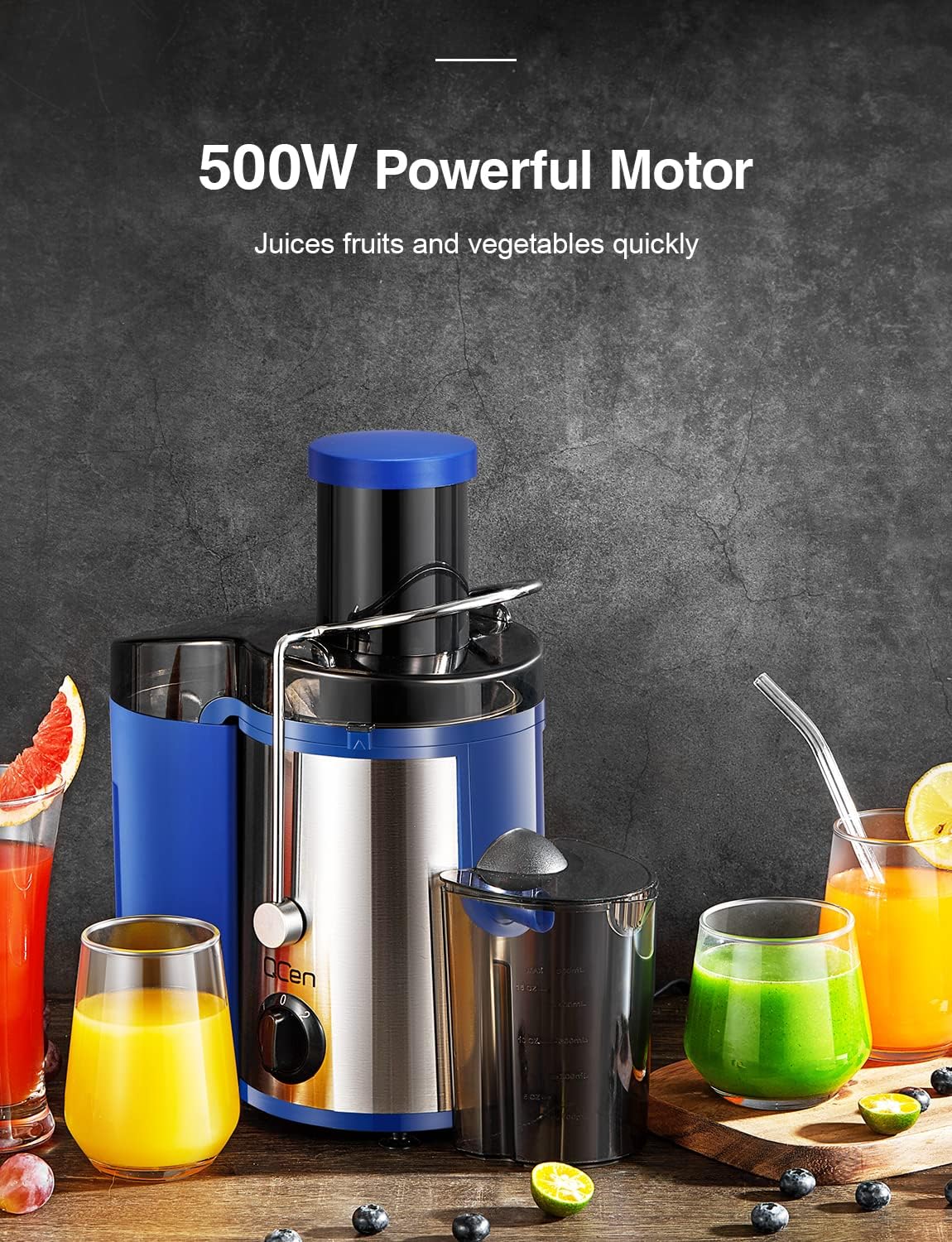 Qcen Juicer Machine, 800W Centrifugal Juicer Extractor with Wide Mouth 3” Feed Chute for Fruit Vegetable, Easy to Clean, Stainless Steel, BPA-free (Black)