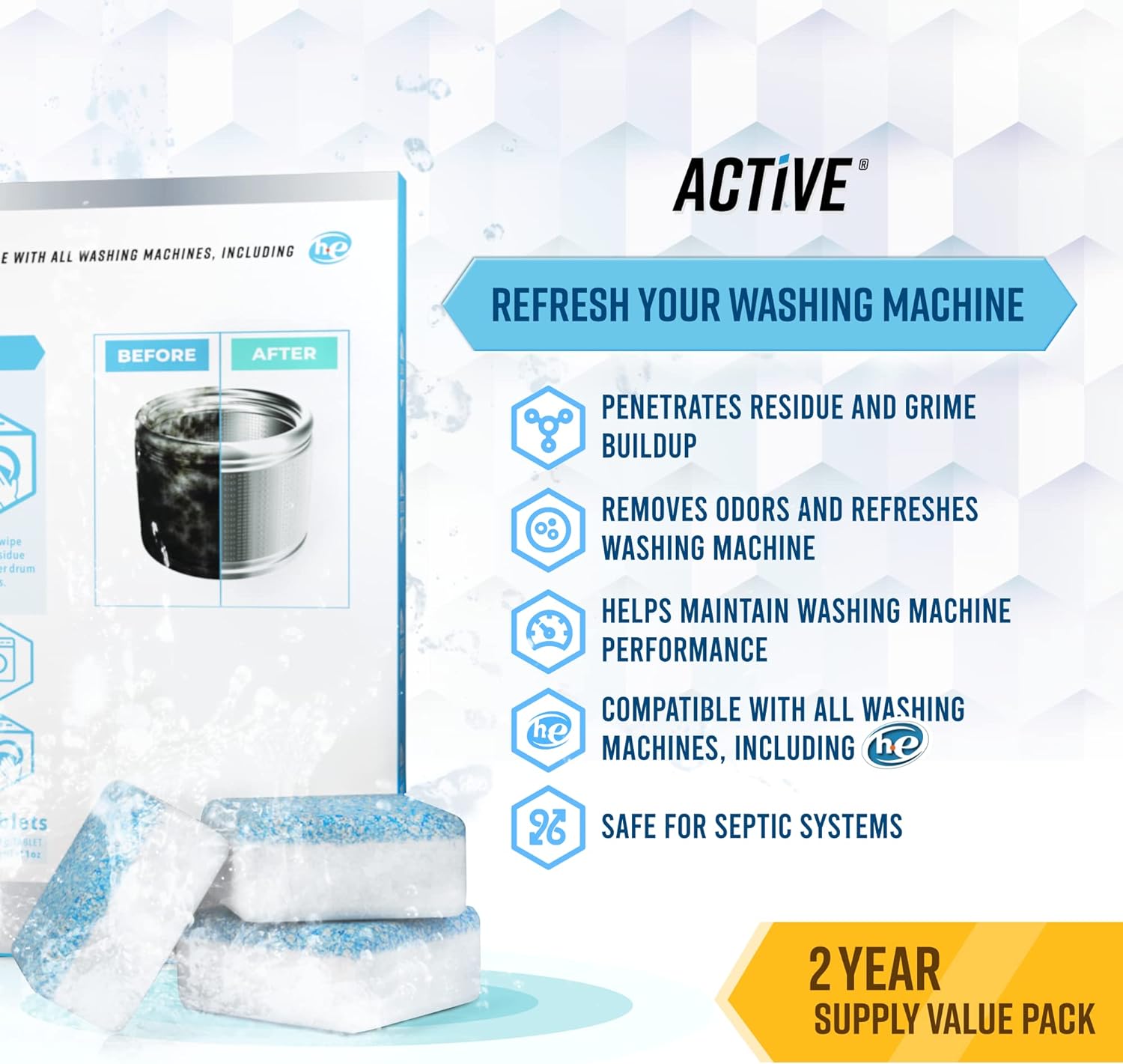 Washing Machine Cleaner Descaler 24 Pack - Deep Cleaning Tablets For HE Front Loader & Top Load Washer, Septic Safe Eco-Friendly Deodorizer, Clean Inside Drum and Laundry Tub Seal - 12 Month Supply