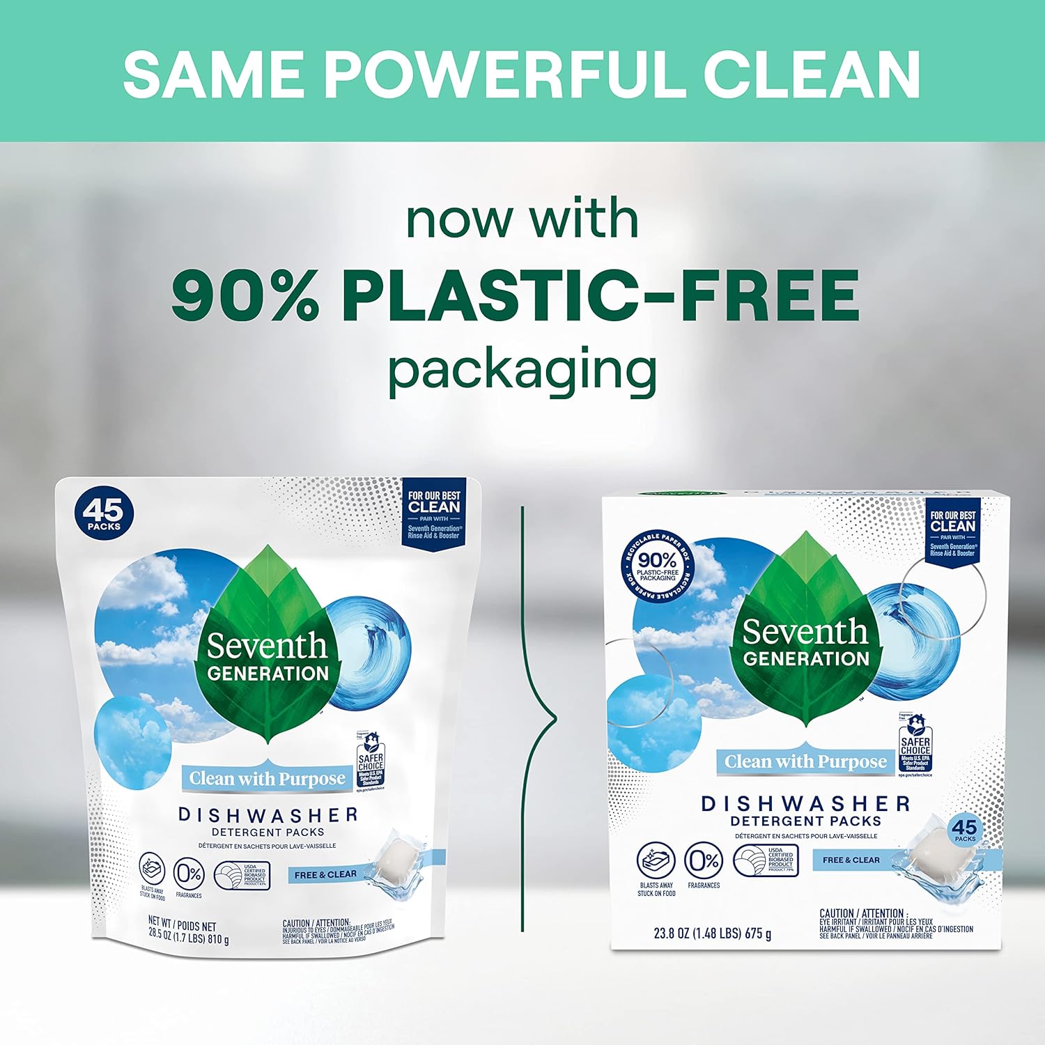 Seventh Generation Dishwasher Detergent Packs for Sparkling Dishes Free & Clear Dishwasher Tabs 45 Count, Pack of 2 (Packaging May Vary)