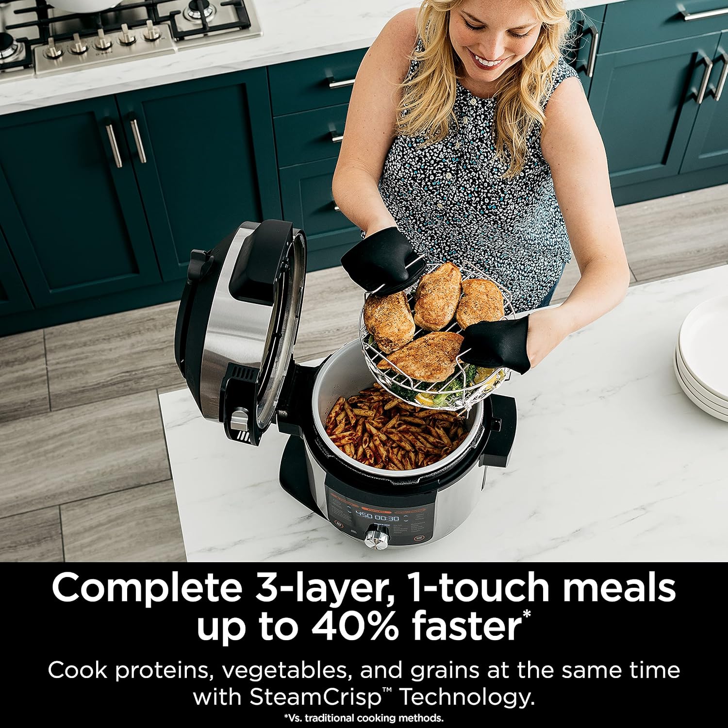 Ninja OL601 Foodi XL 8 Qt. Pressure Cooker Steam Fryer with SmartLid, 14-in-1 that Air Fries, Bakes & More, with 3-Layer Capacity, 5 Qt. Crisp Basket & 45 Recipes, Silver/Black