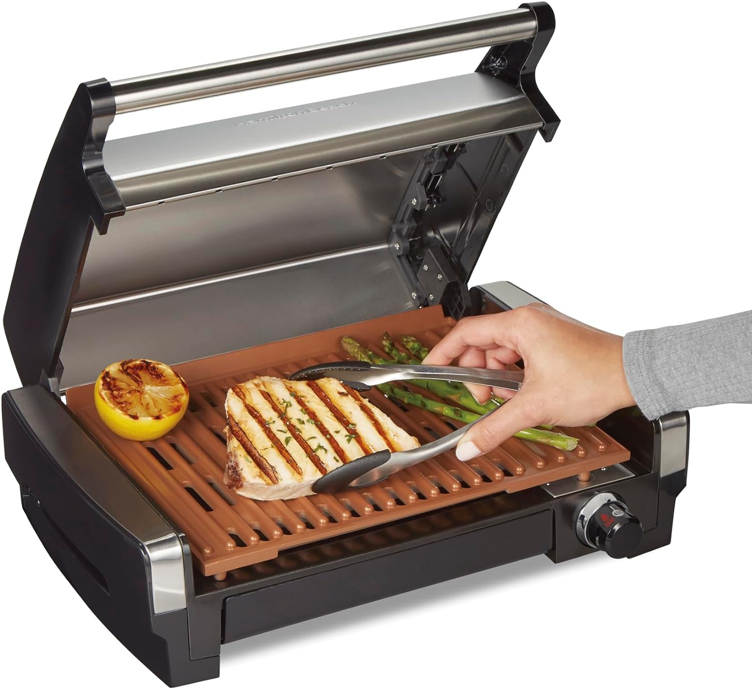 Hamilton Beach Electric Indoor Searing Grill with Viewing Window & Adjustable Temperature Control to 450F, 118 sq. in. Surface Serves 6, Removable Nonstick Grate, Stainless Steel